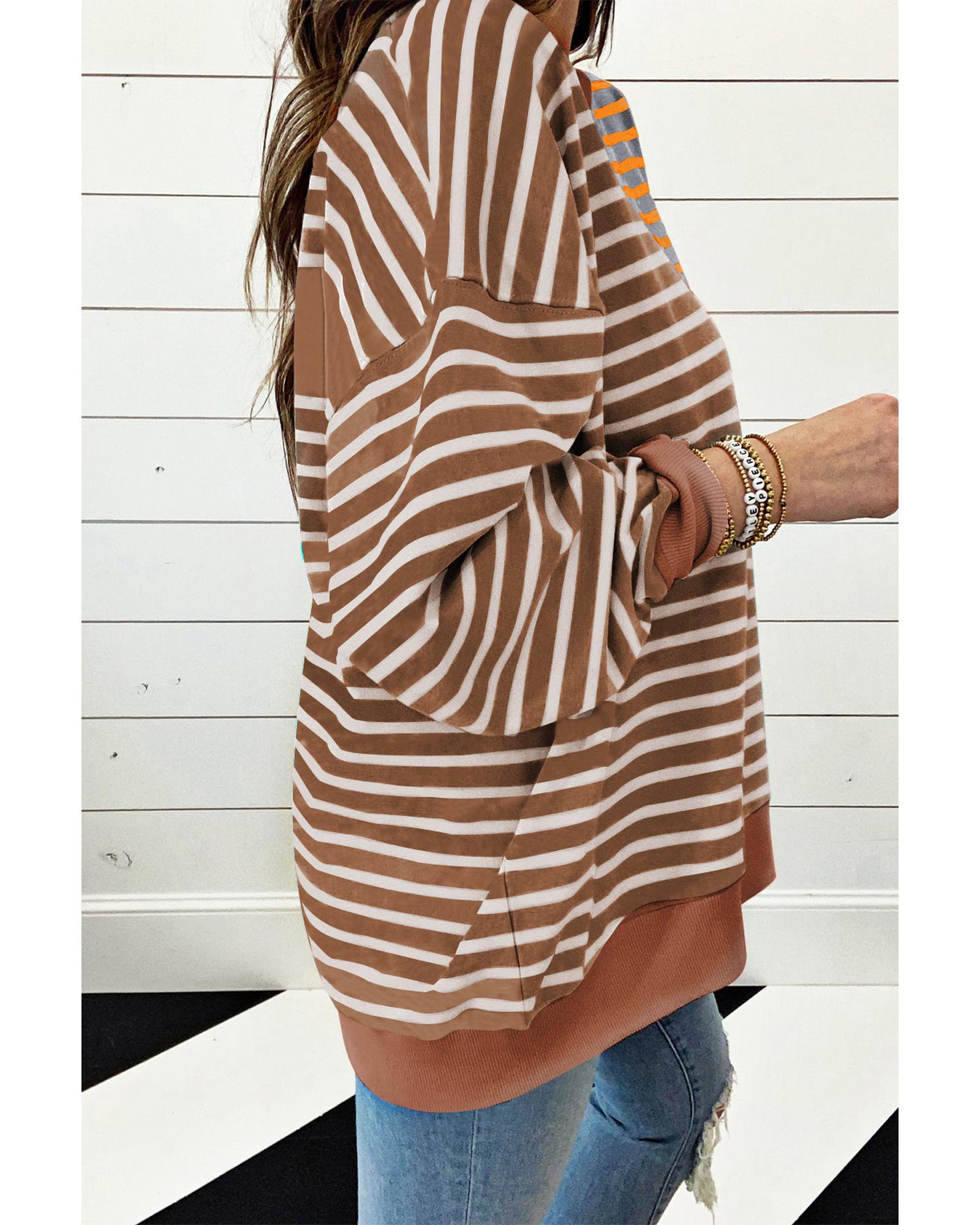 V539-AZEXDC25317370-P1719-S-202506130212-00 Brown Stripe Casual Stripe Colorblock Drop Shoulder Oversize Sweatshirt - S - Image 1