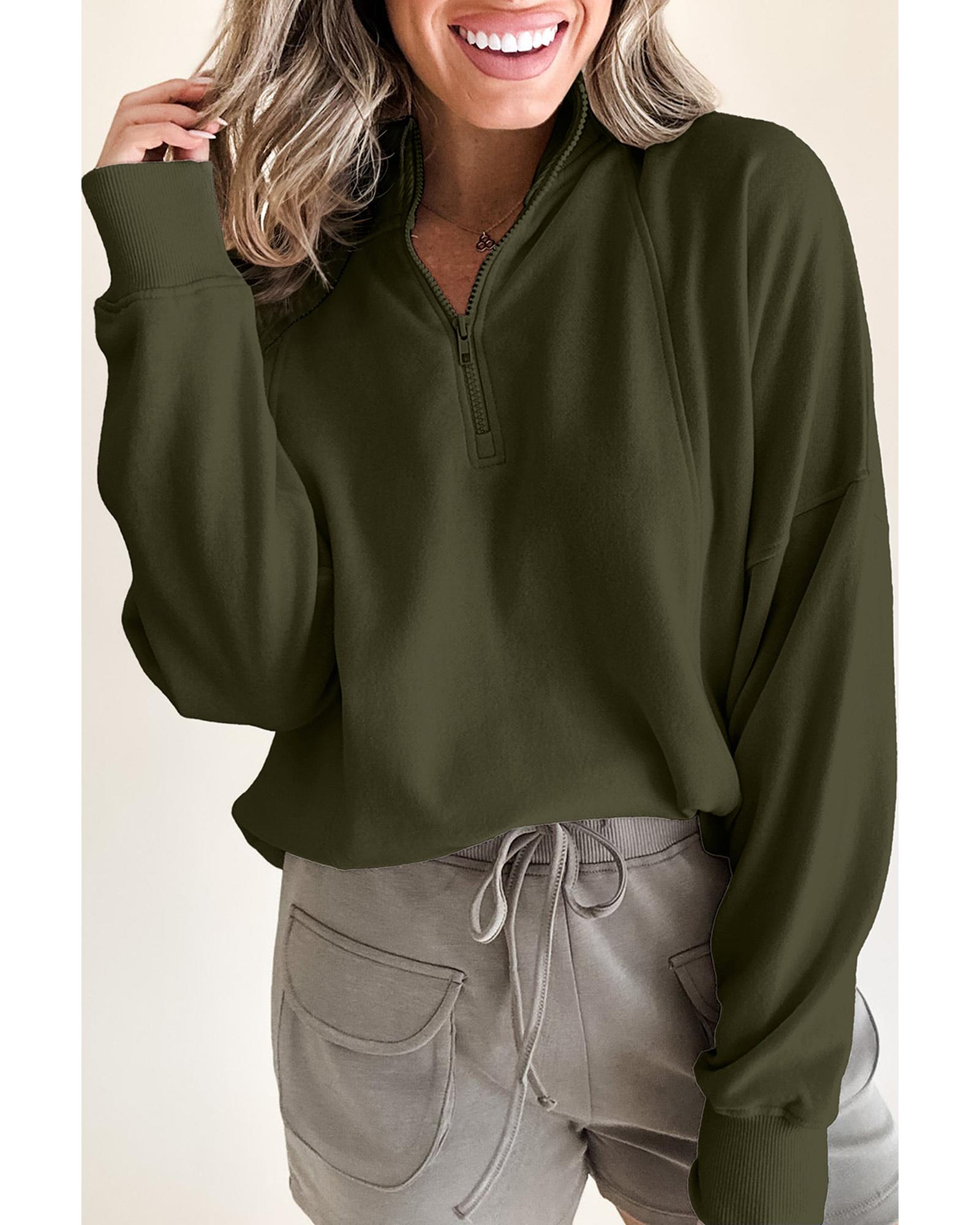 V539-AZEXDC25317408-P609-S-202506130311-00 Jungle Green Zipped Neck Pullover Drop Shoulder Sweatshirt - S - Image 1