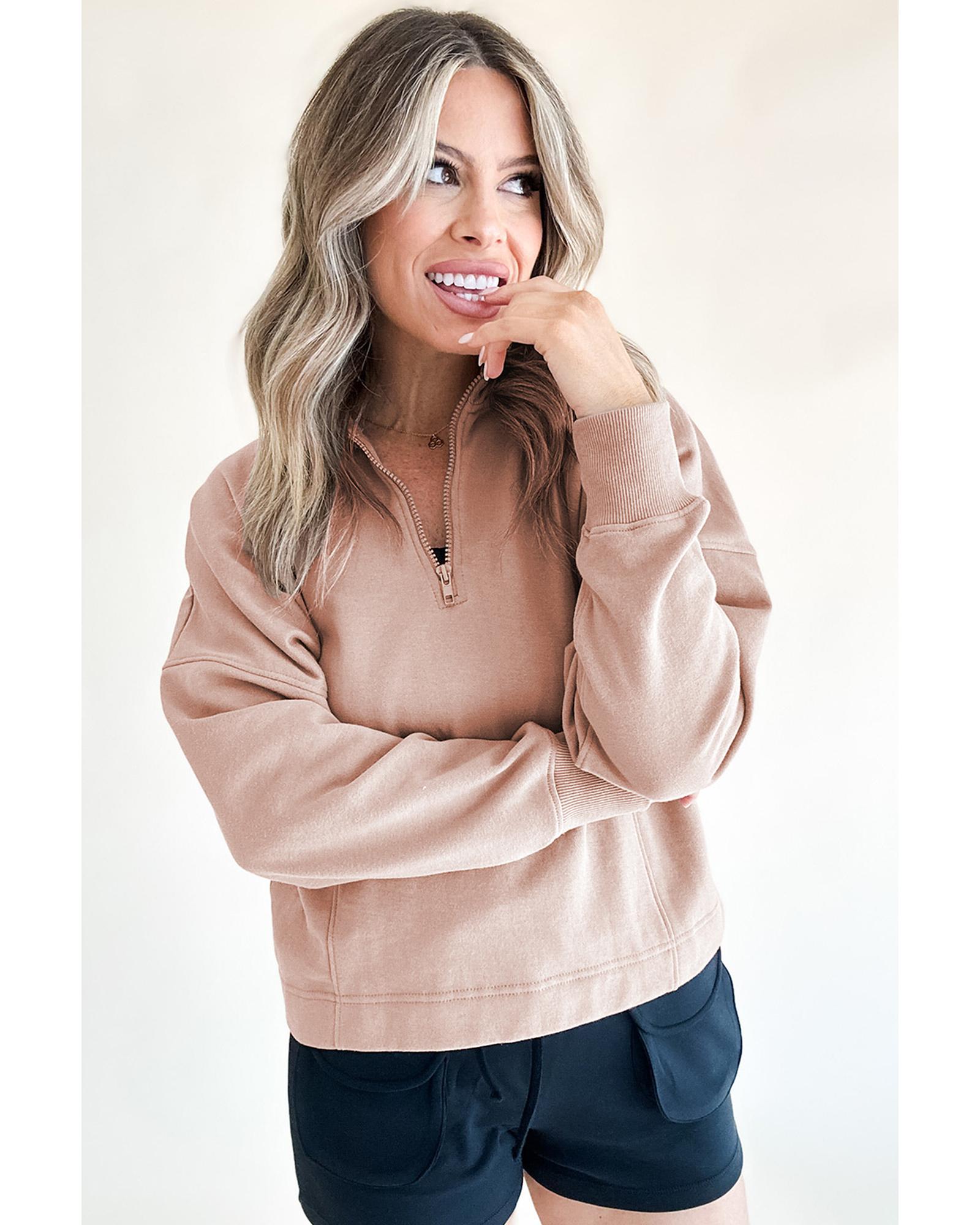 V539-AZEXDC25317408-P7016-M-202508281940-00 Smoke Gray Zipped Neck Pullover Drop Shoulder Sweatshirt - M - Image 1