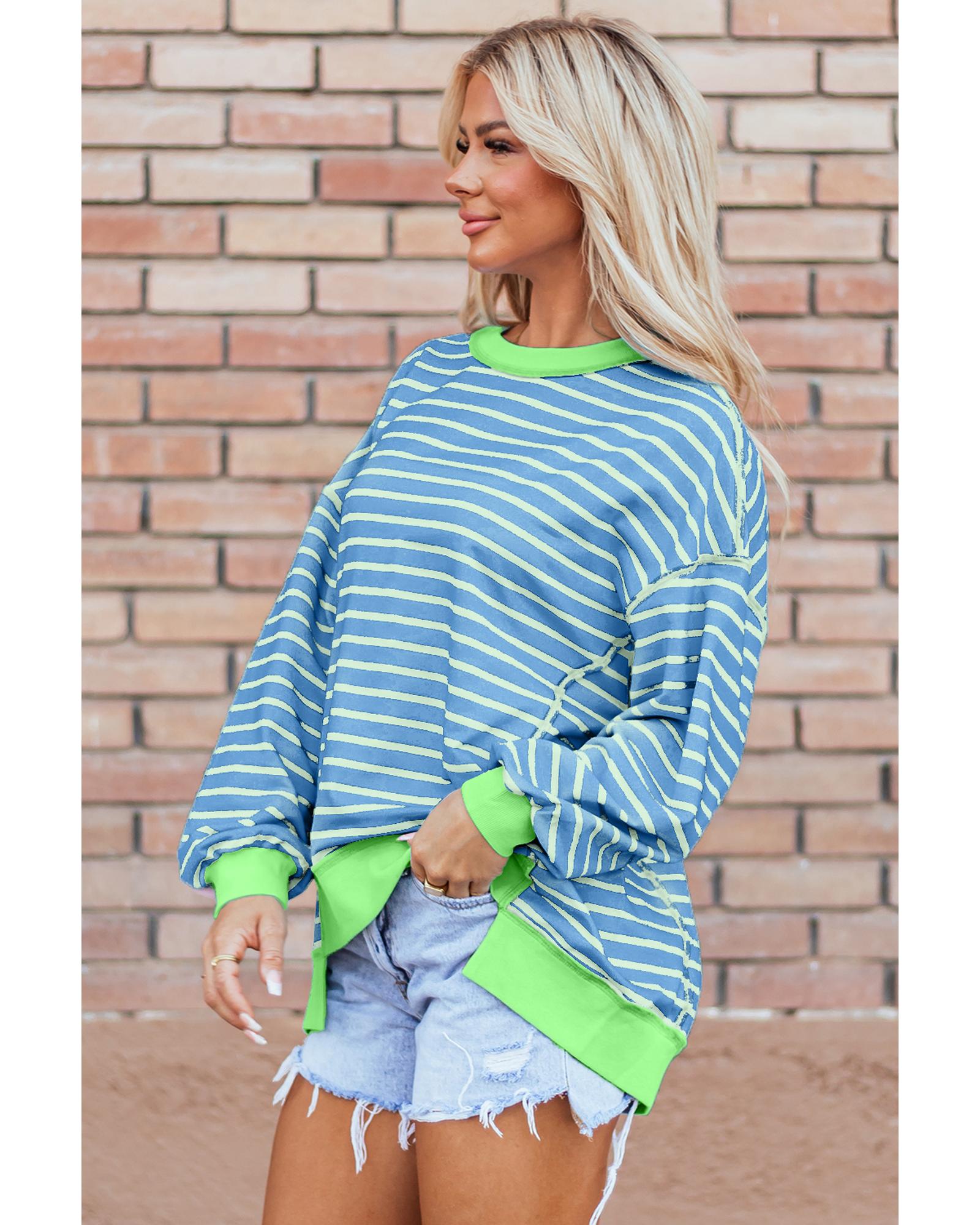 V539-AZEXDC25317435-P419-M-202508291810-00 Sky Blue Stripe Contrast Trim High Low Pullover Tunic Sweatshirt - M - Image 1