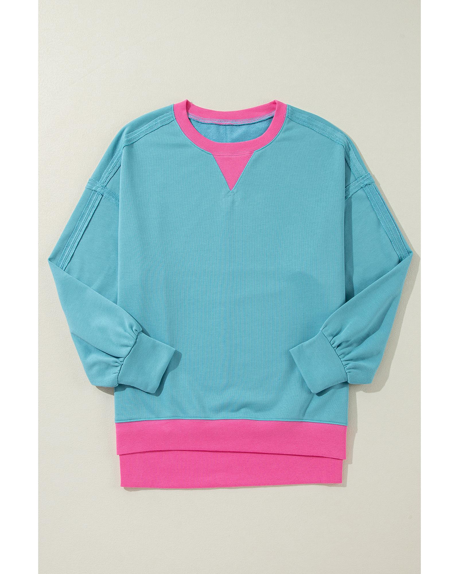 V539-AZEXDC25317486-P422-XL-202508300530-00 Light Blue Colorblock Patchwork Crew Neck Loose Sweatshirt - XL - Image 1