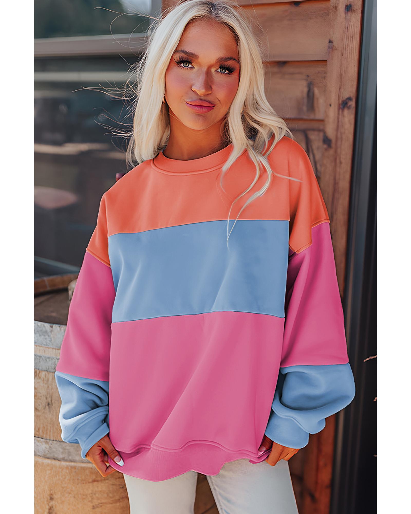 V539-AZEXDC25317584-P106-2XL-202508270730-00 Bright Pink Colorblock Patchwork Drop Shoulder Sweatshirt - 2XL - Image 1