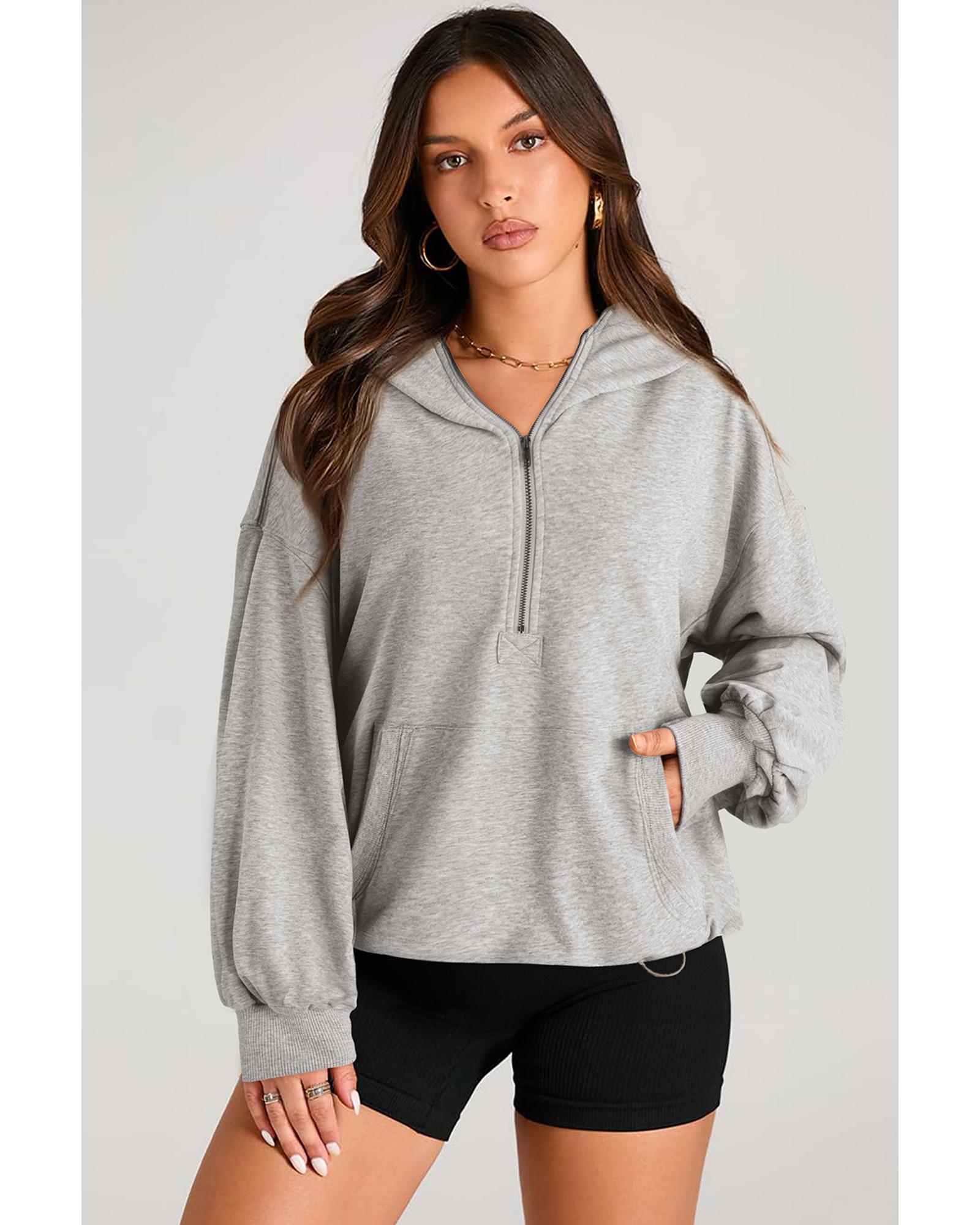 V539-AZEXDC25317593-P1011-XL-202508270350-00 Light Grey Solid Kangaroo Pocket Half Zipper Oversized Hoodie - XL - Image 1
