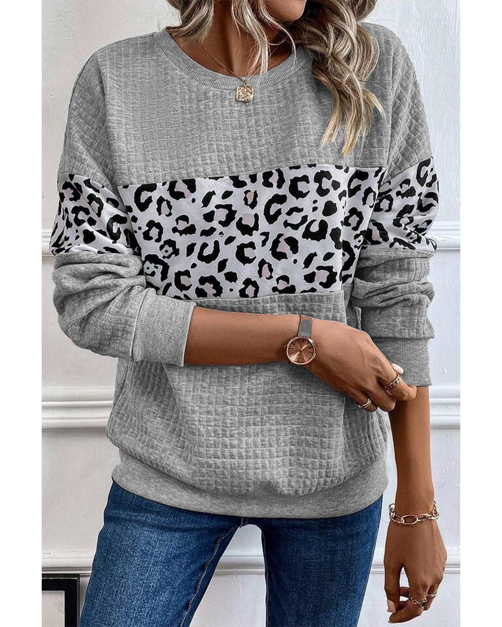 V539-AZEXDC25317606-P11-S-202506130620-00 Gray Leopard Quilted Patchwork Crew Neck Sweatshirt - S - Image 1