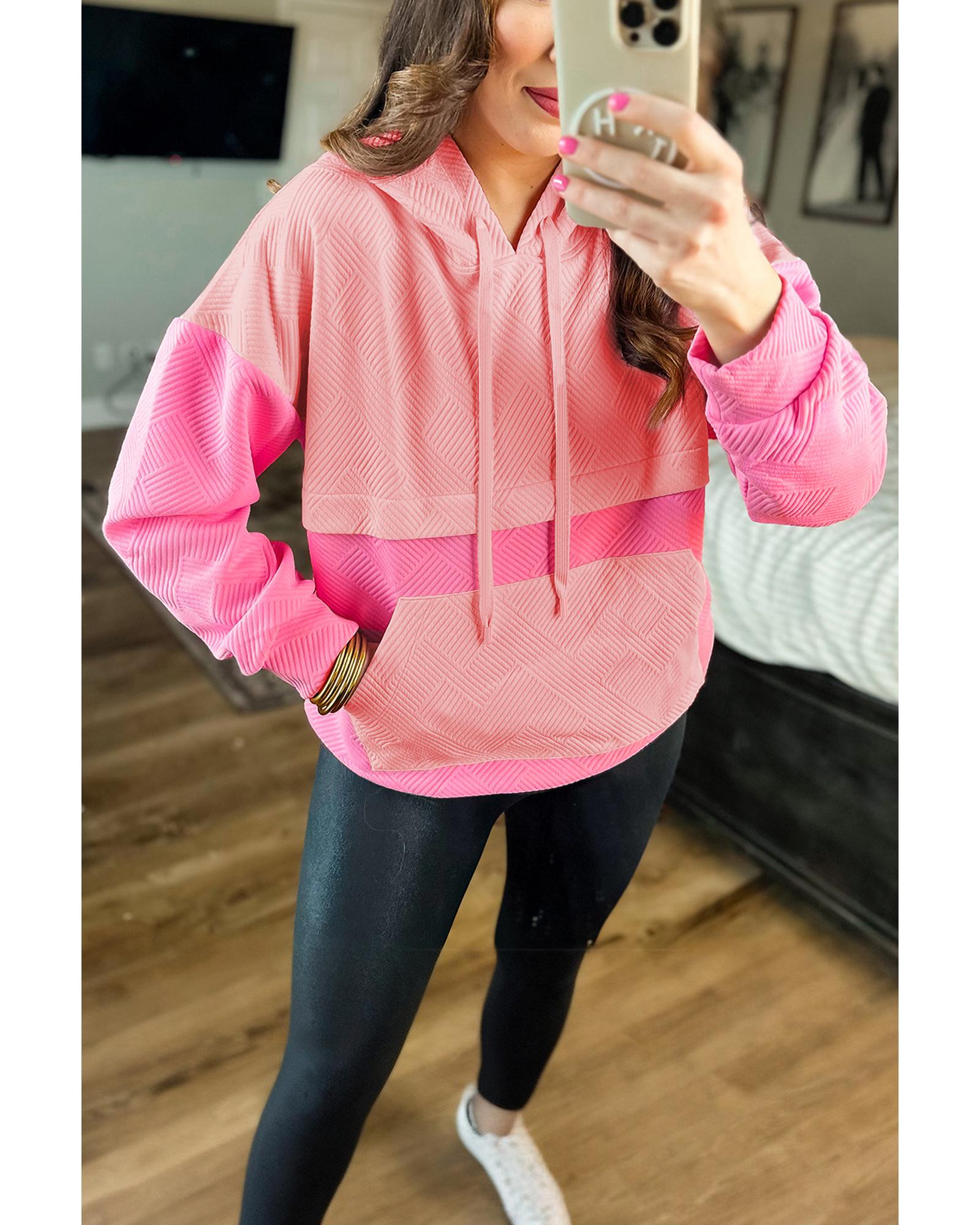V539-AZEXDC25317609-P10-L-202508292130-00 Pink Textured Color Block Kangaroo Pocket Drop Shoulder Hoodie - L - Image 1