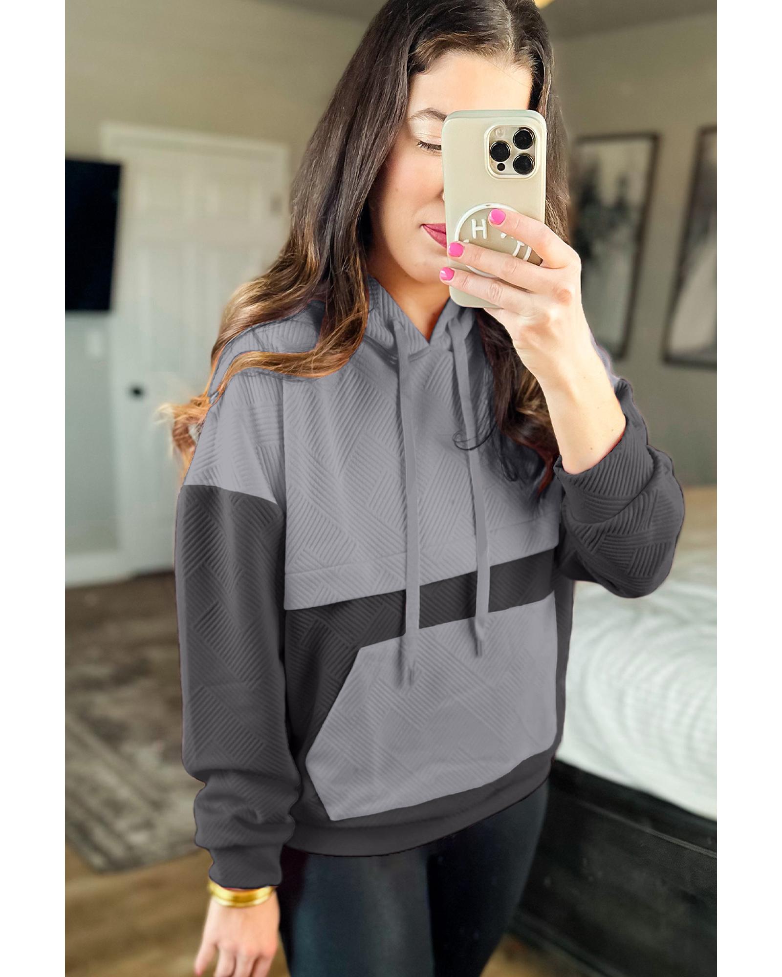 V539-AZEXDC25317609-P11-2XL-202508280305-00 Gray Textured Color Block Kangaroo Pocket Drop Shoulder Hoodie - 2XL - Image 1