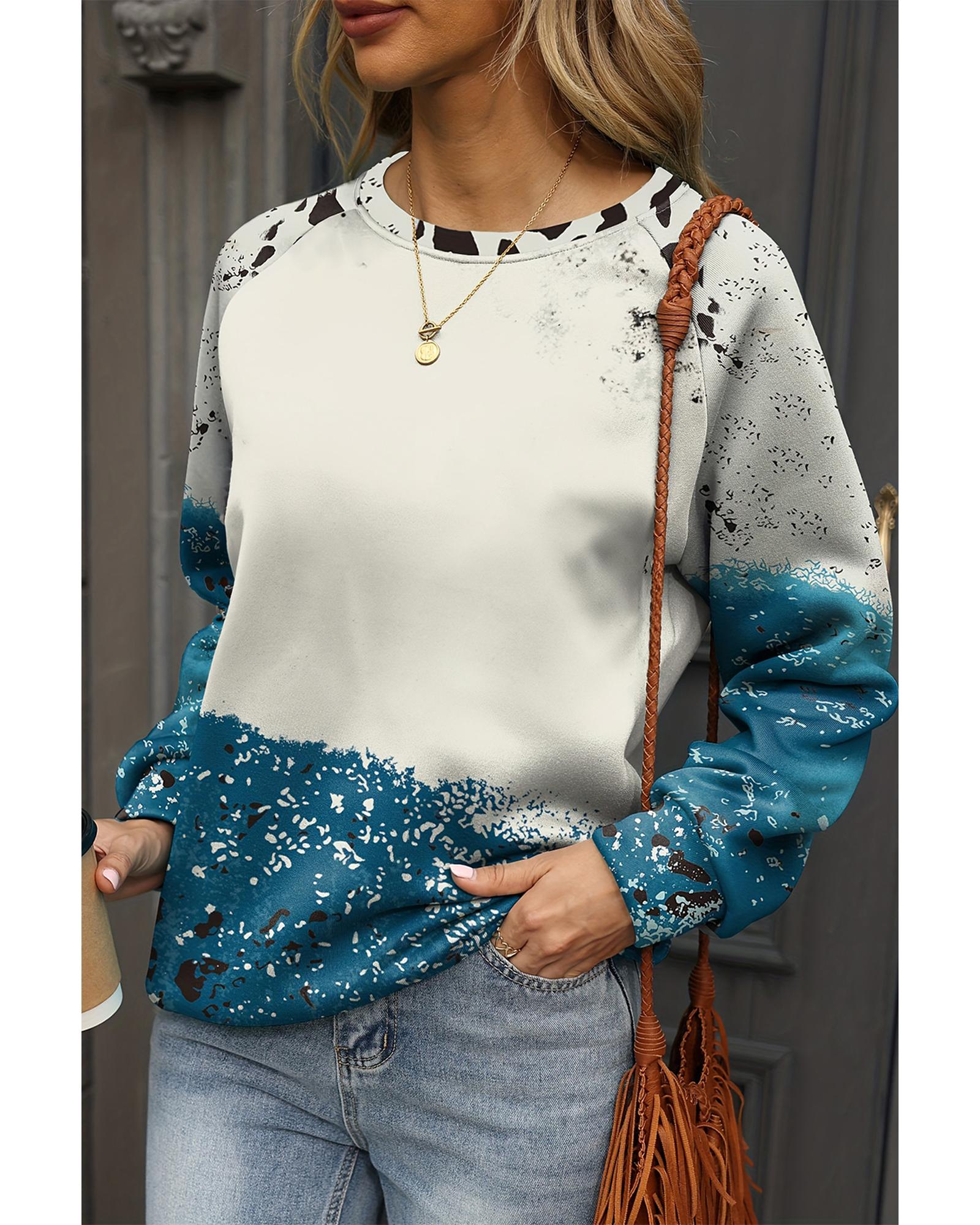 V539-AZEXDC25317632-P520-M-202508291920-00 Blue Tie Dye Cow Color Block Pullover Sweatshirt - M - Image 1