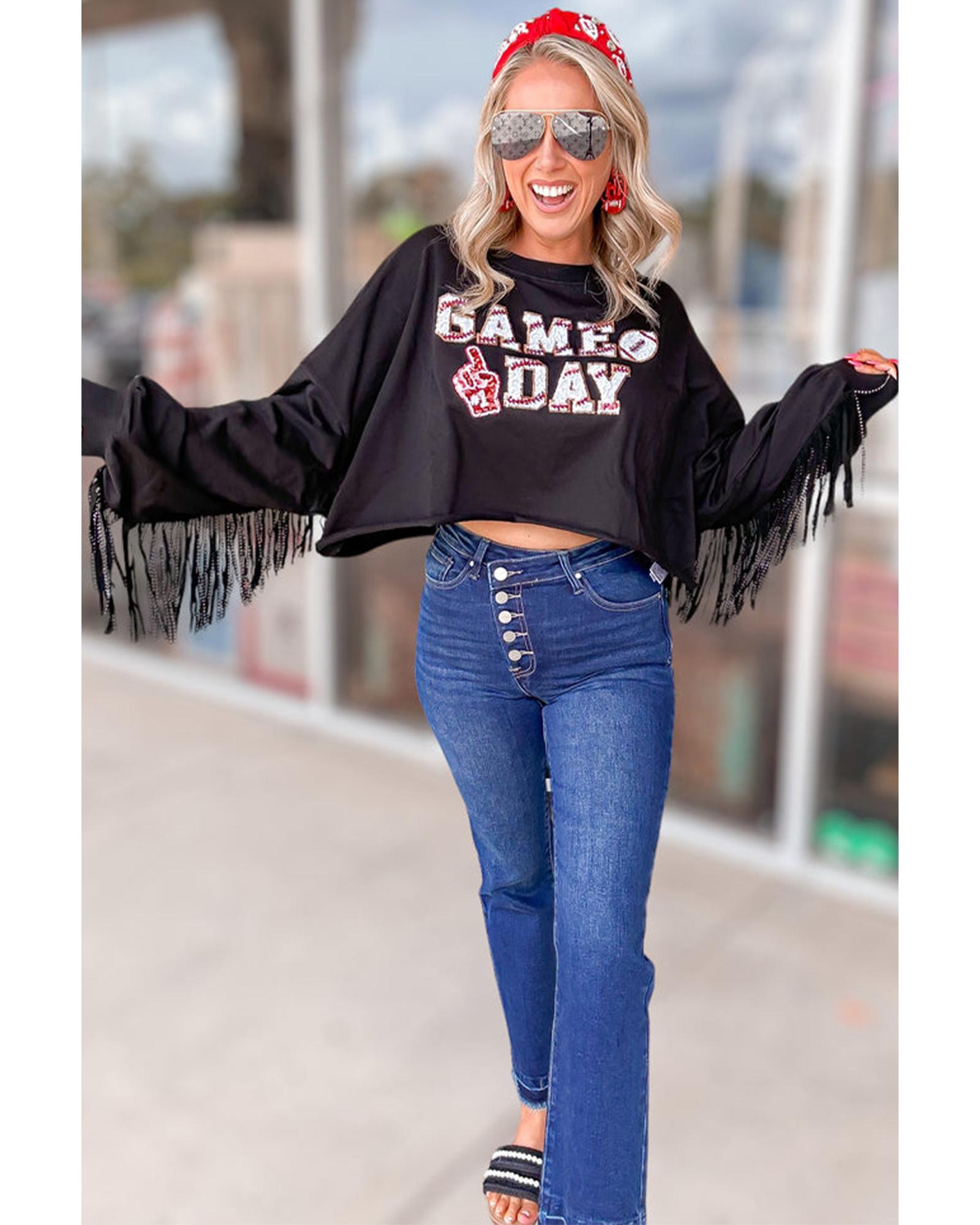 V539-AZEXDC25317640-P2-M-202508281450-00 Black GAME DAY Rugby Sequined Tasseled Cropped Sweatshirt - M - Image 1