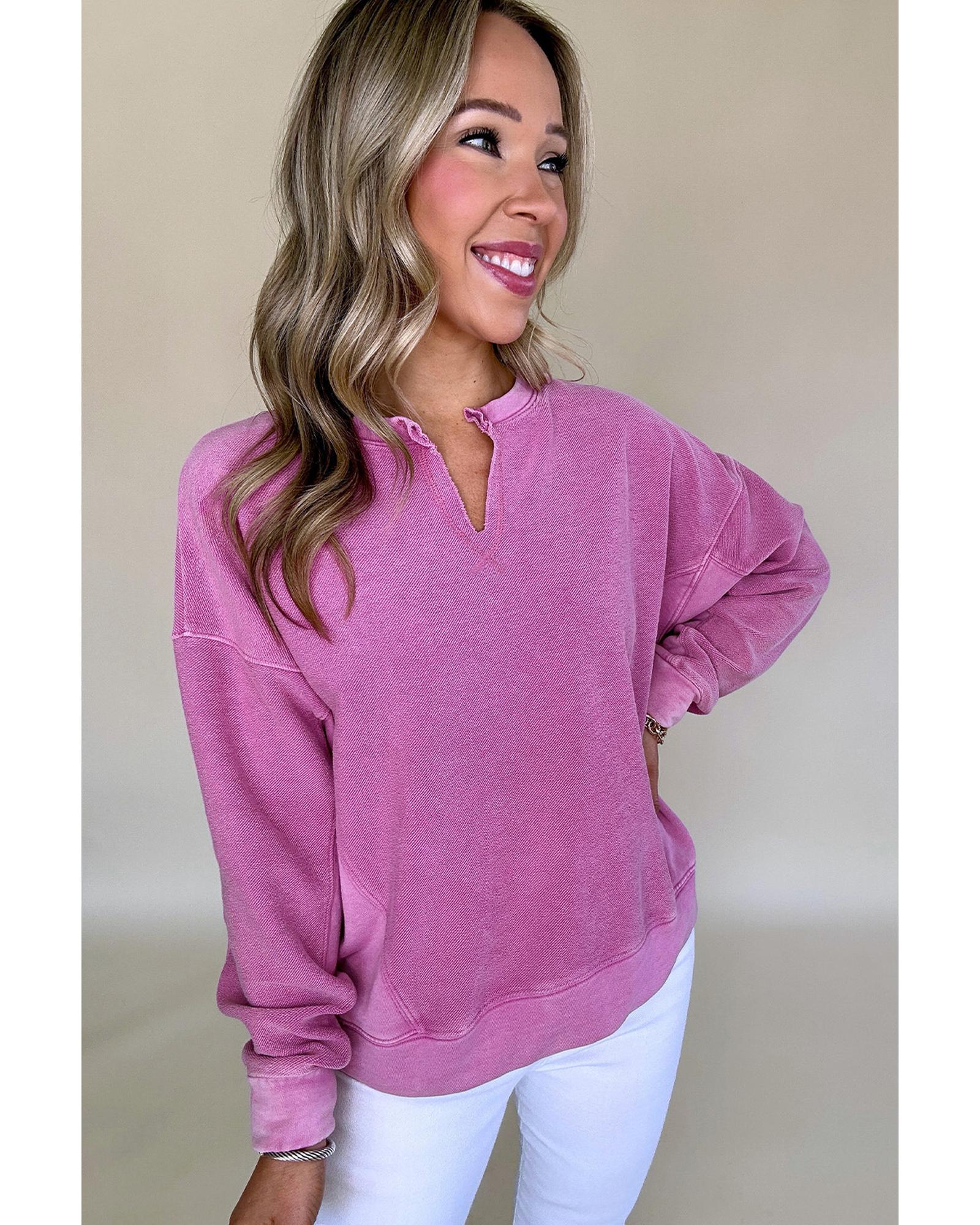 V539-AZEXDC25317697-P106-M-202508292340-00 Bright Pink Solid Color Notched Neck Drop Shoulder Sweatshirt - M - Image 1