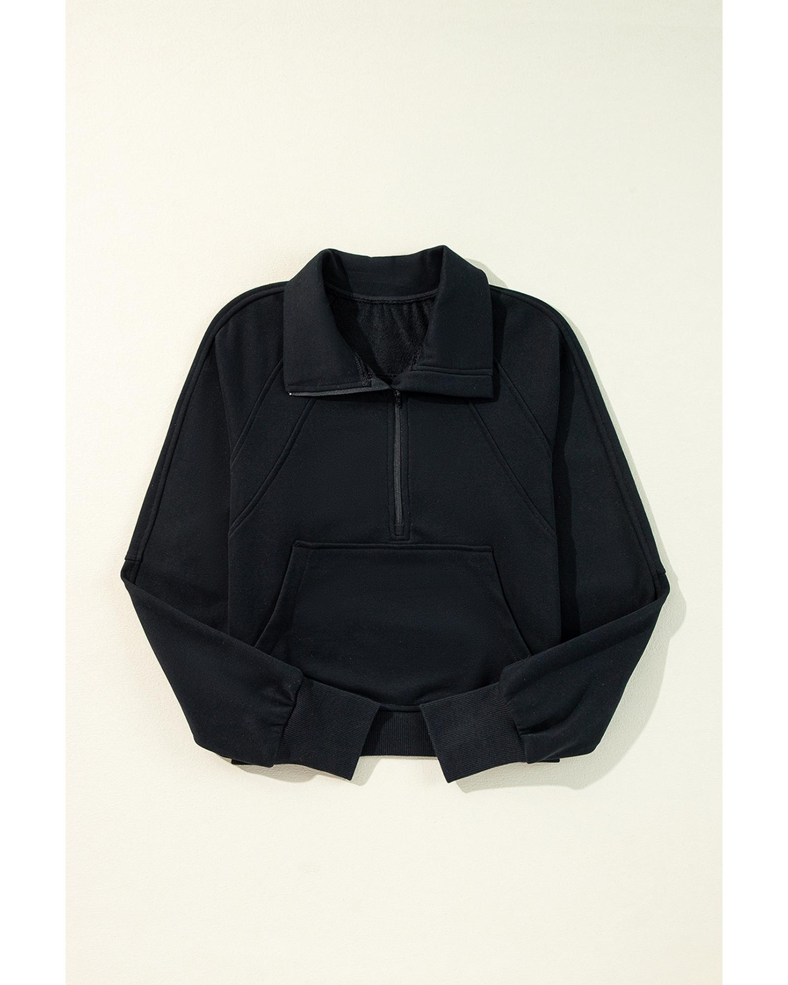 V539-AZEXDC25317835-P2-L-202508281025-00 Black Quarter Zip Stand Neck Kangaroo Pocket Sweatshirt - L - Image 1