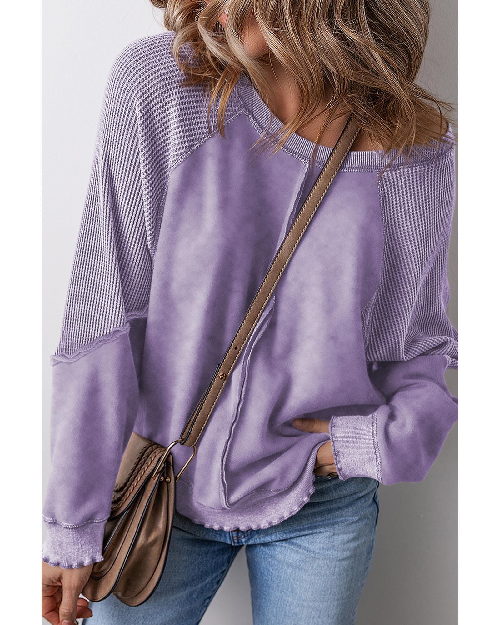 V539-AZEXDC25317848-P708-XL-202508270735-00 Orchid Petal Solid Waffle Knit Patchwork Raglan Sleeve Sweatshirt - XL - Image 1