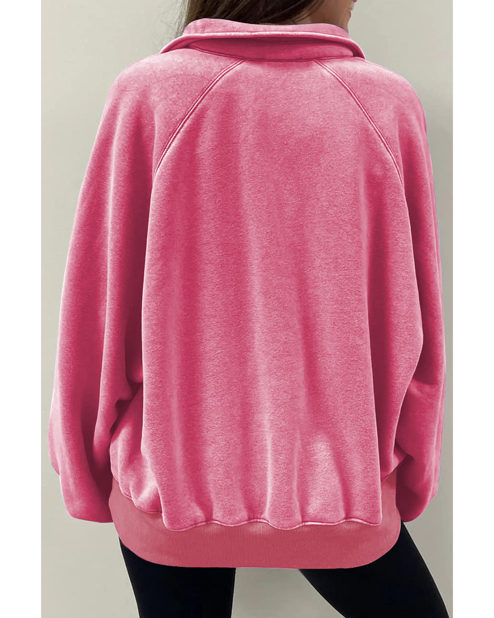 V539-AZEXDC25317887-10-XL-202508270815-00 Pink Solid Snap Buttons Collared Balloon Sleeve Oversized Sweatshirt - XL - Image 1