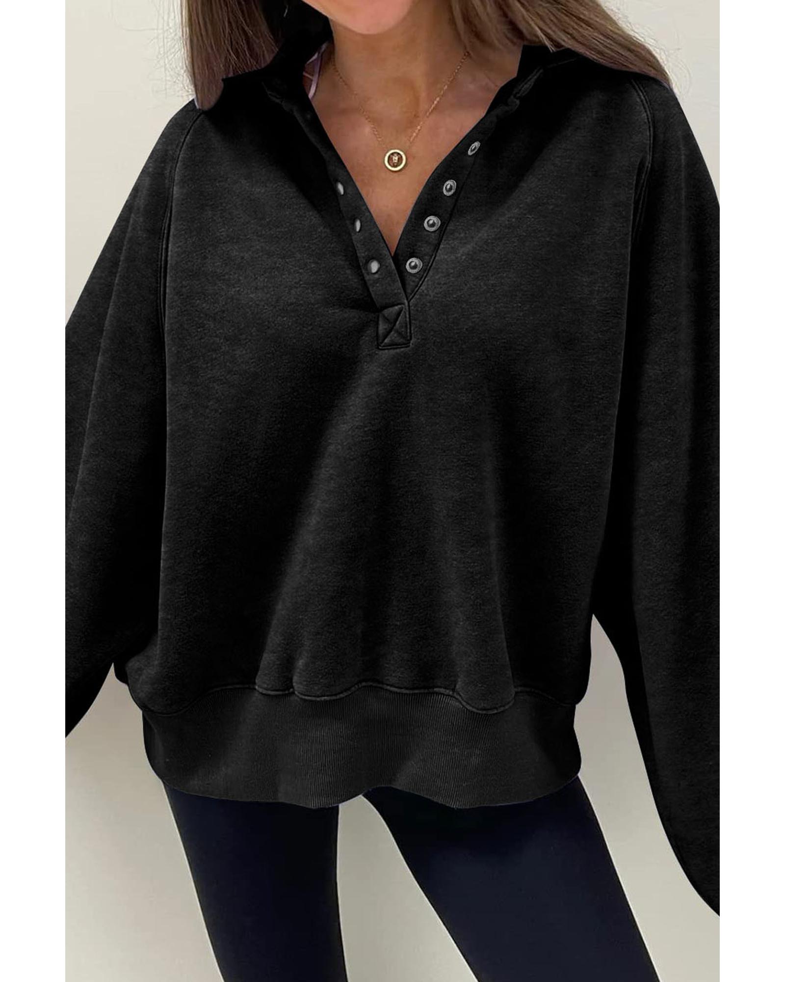 V539-AZEXDC25317887-2-L-202508271130-00 Black Solid Snap Buttons Collared Balloon Sleeve Oversized Sweatshirt - L - Image 1