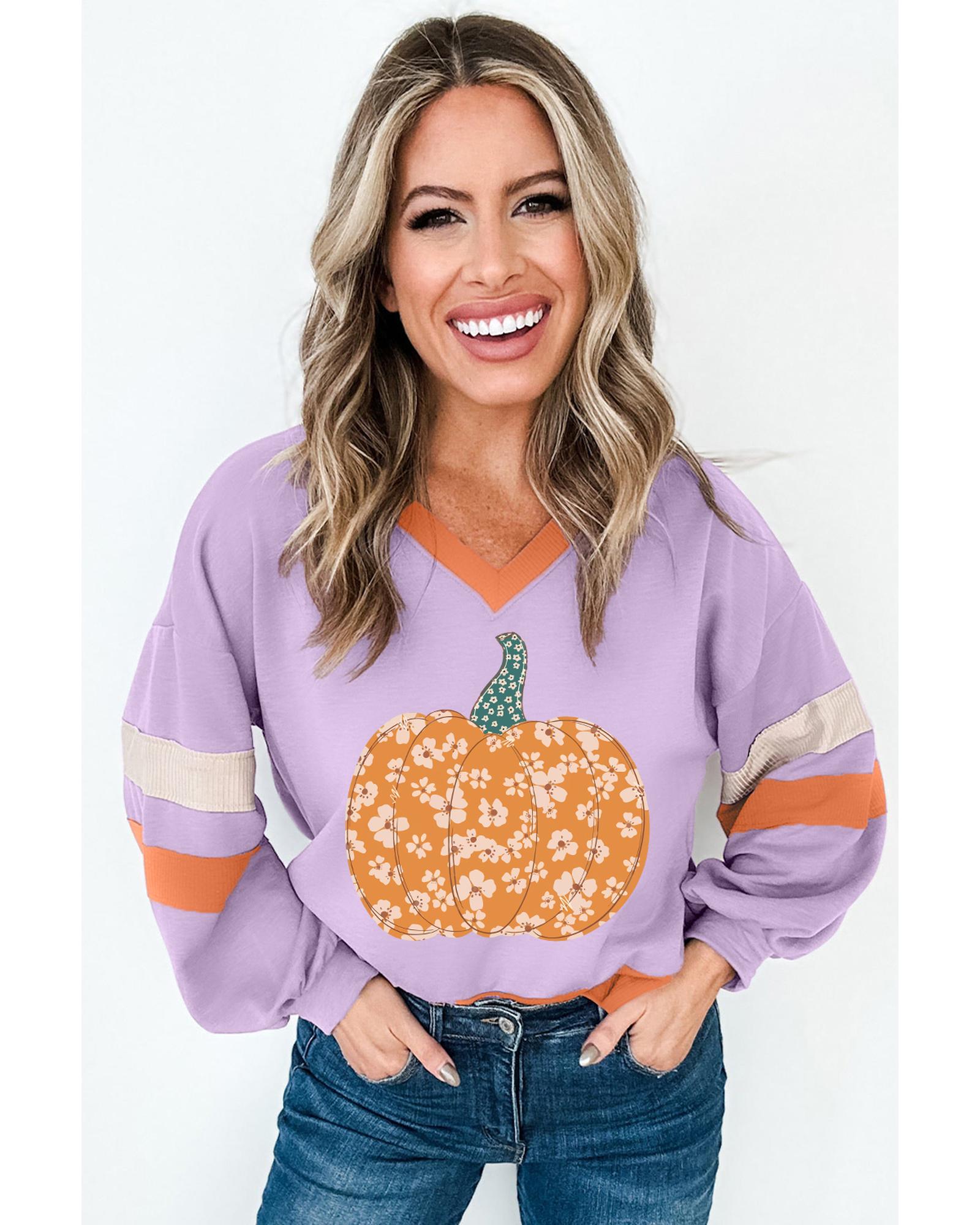 V539-AZEXDC25317900-P808-XL-202508291245-00 Orchid Bouquet Halloween Floral Pumpkin Color Block V Neck Sweatshirt - XL - Image 1