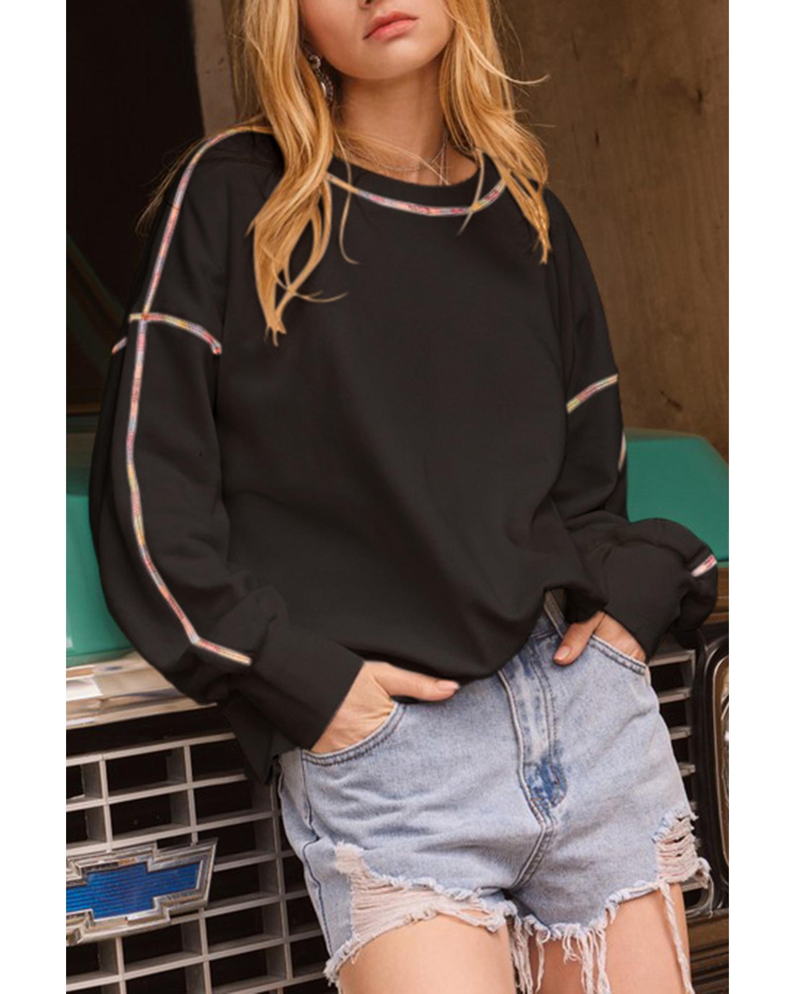 V539-AZEXDC25317951-P2-M-202508280315-00 Black Contrast Rainbow Trim Drop Shoulder Pullover Sweatshirt - M - Image 1