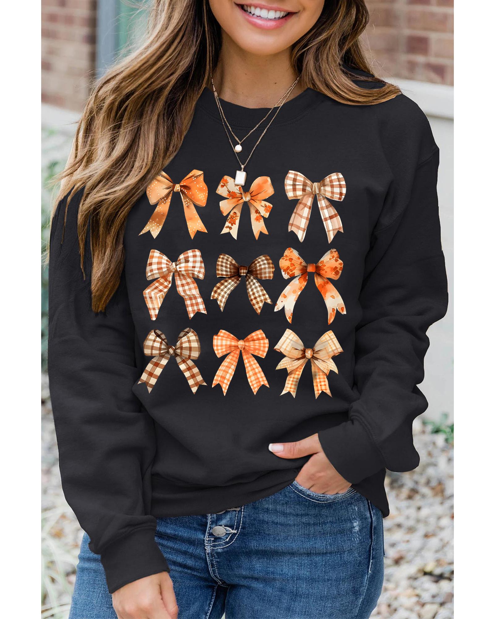 V539-AZEXDC25318108-2-XL-202508292030-00 Black Thanksgiving Spice Bowknot Graphic Sweatshirt - XL - Image 1