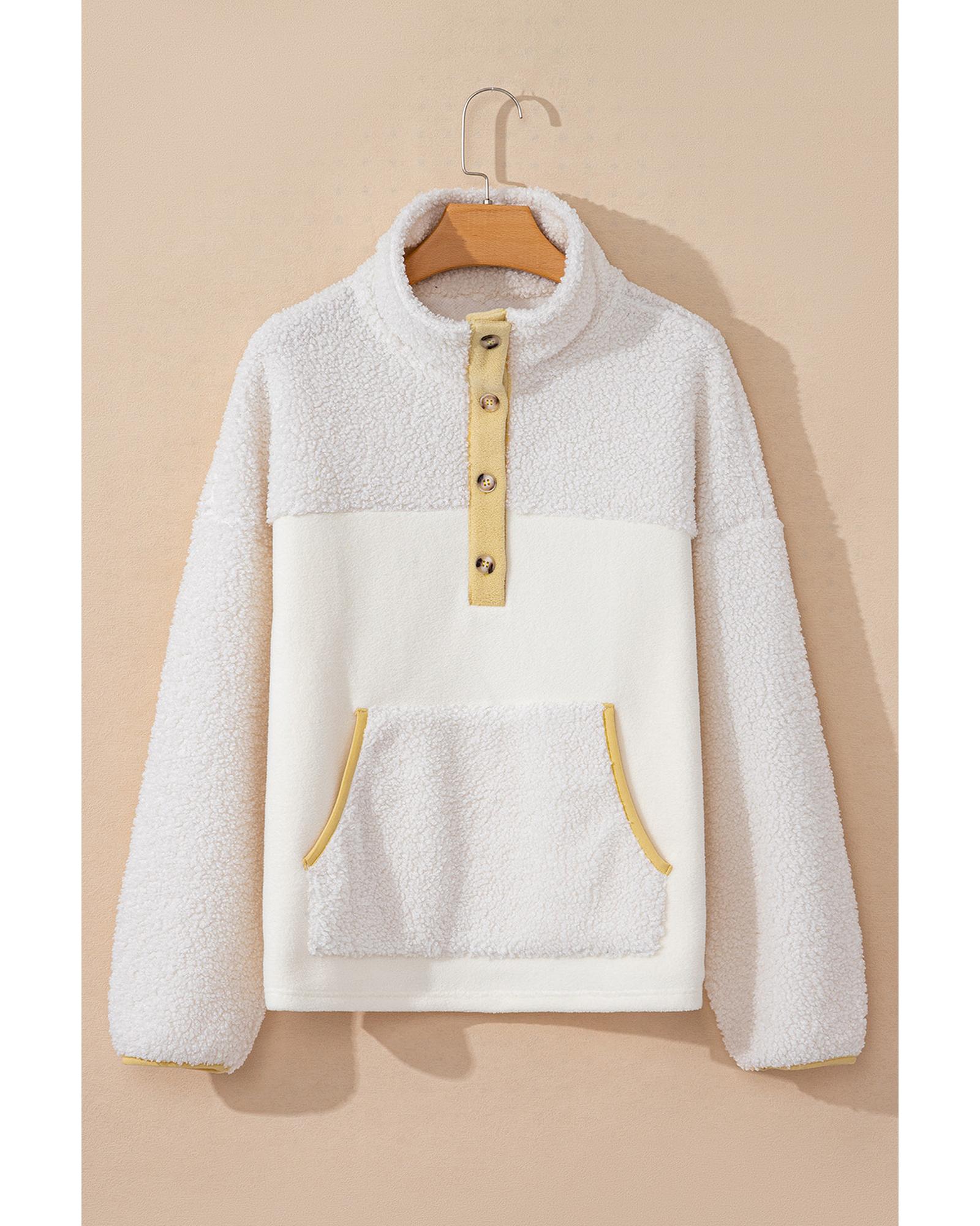 V539-AZEXDC25318143-P15-S-202506130725-00 Beige Fleece Colorblock Trim Buttons Collar Sweatshirt with Pocket - S - Image 1