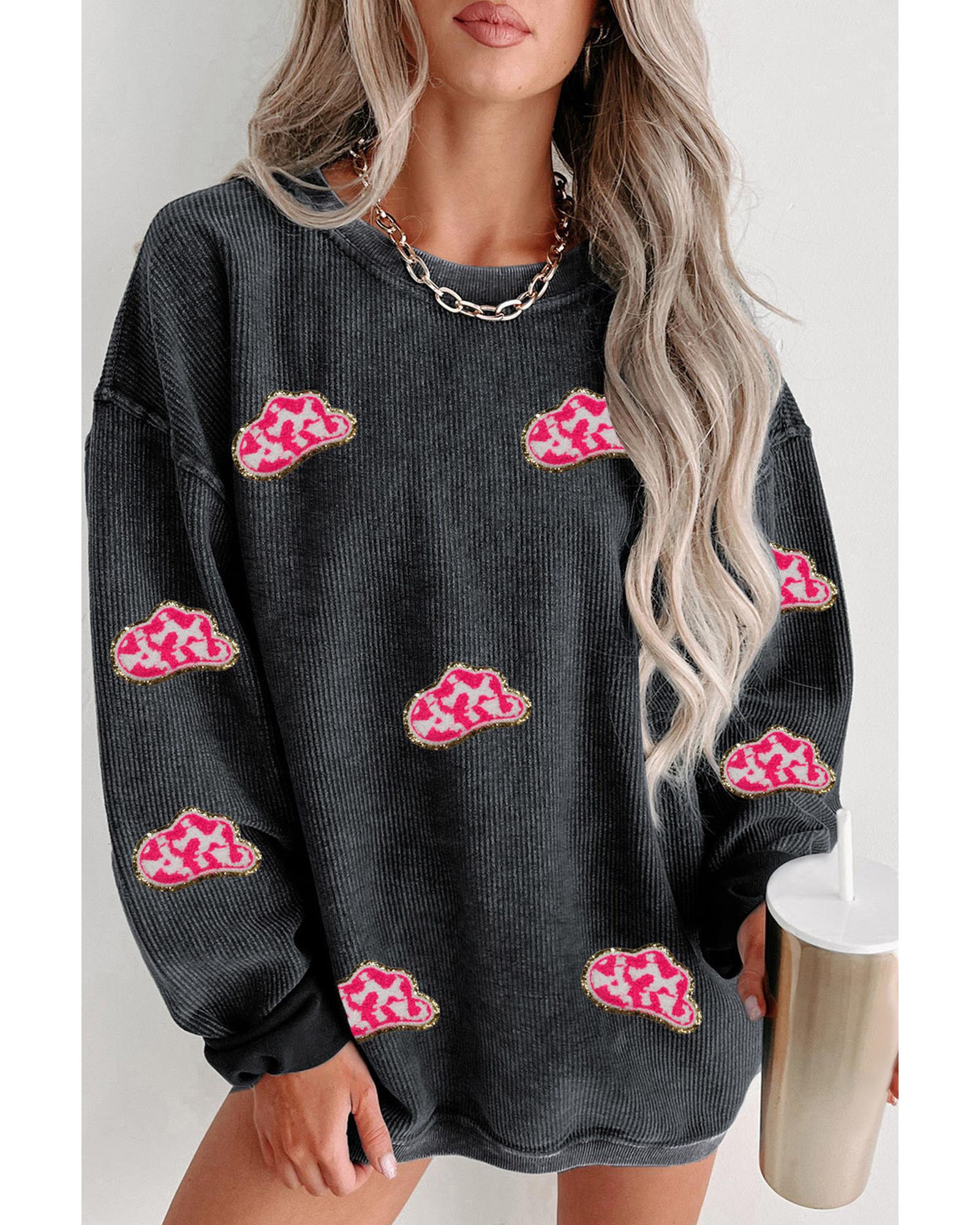V539-AZEXDC25318349-2-2XL-202508290255-00 Black Glittering Cowboy Hat Patched Corded Pullover Sweatshirt - 2XL - Image 1