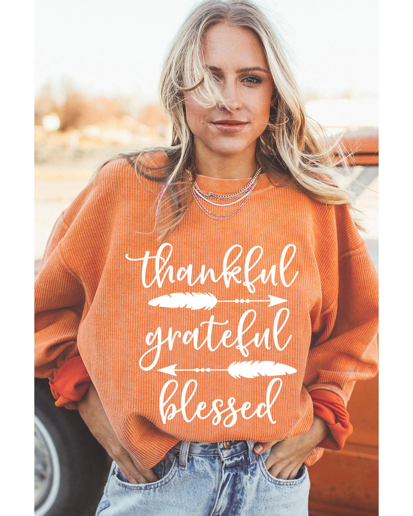 V539-AZEXDC25318365-2014-XL-202508290155-00 Orange thankful grateful blessed Arrow Graphic Corded Sweatshirt - XL - Image 1