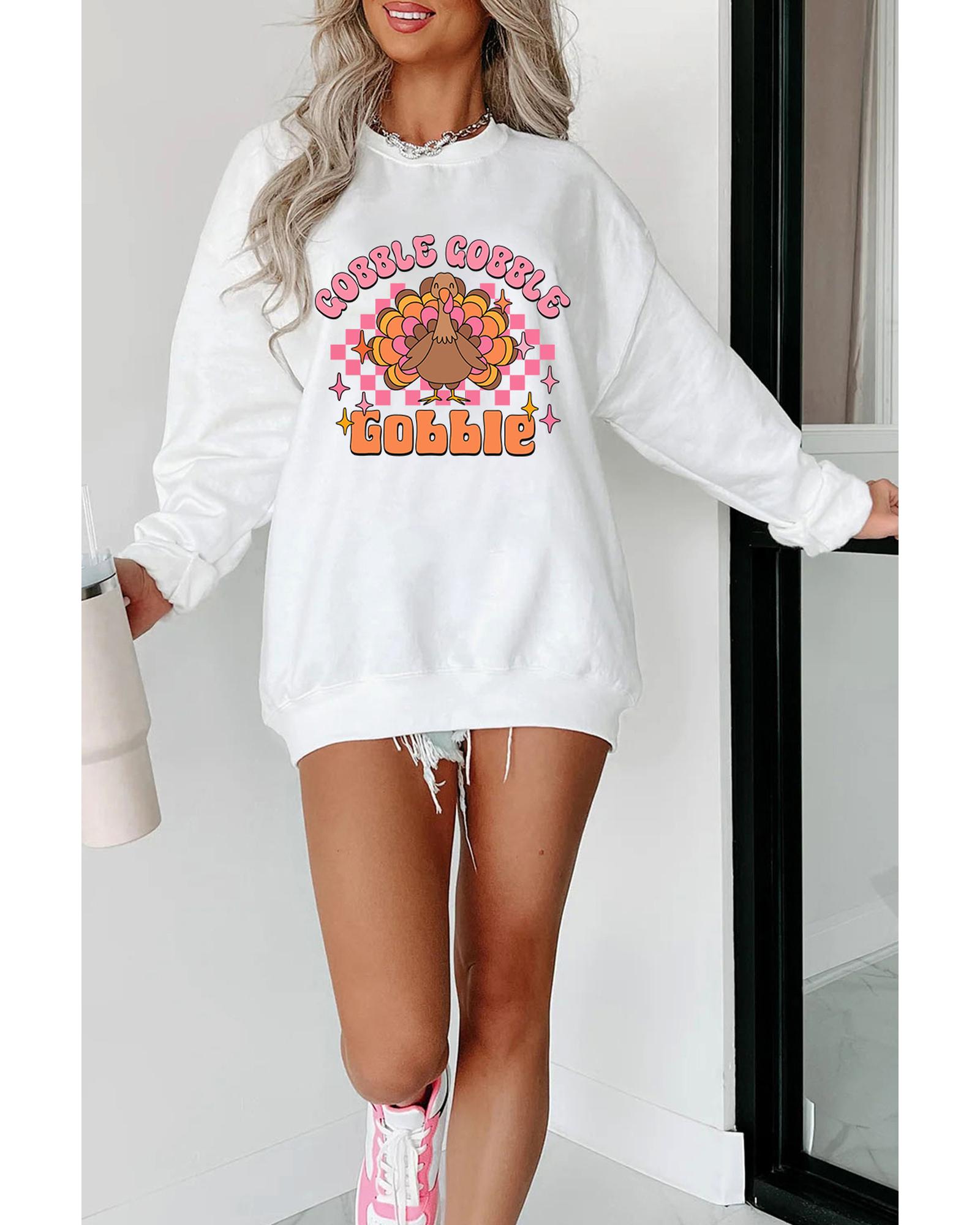 V539-AZEXDC25318366-P1-XL-202508292240-00 White Gobble Gobble Turkey Graphic Crewneck Thanksgiving Sweatshirt - XL - Image 1