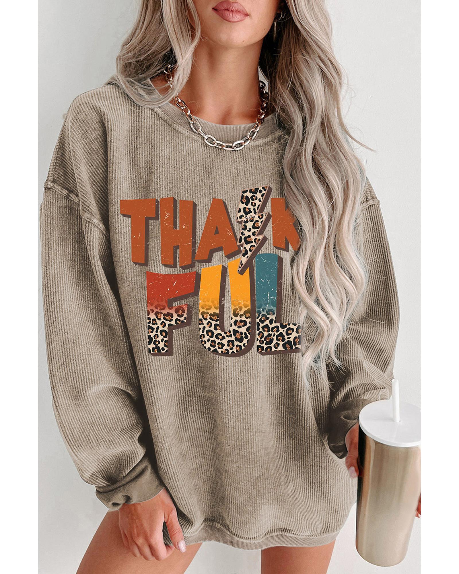 V539-AZEXDC25318367-16-XL-202508280355-00 Khaki Leopard THANKFUL Graphic Corded Thanksgiving Sweatshirt - XL - Image 1