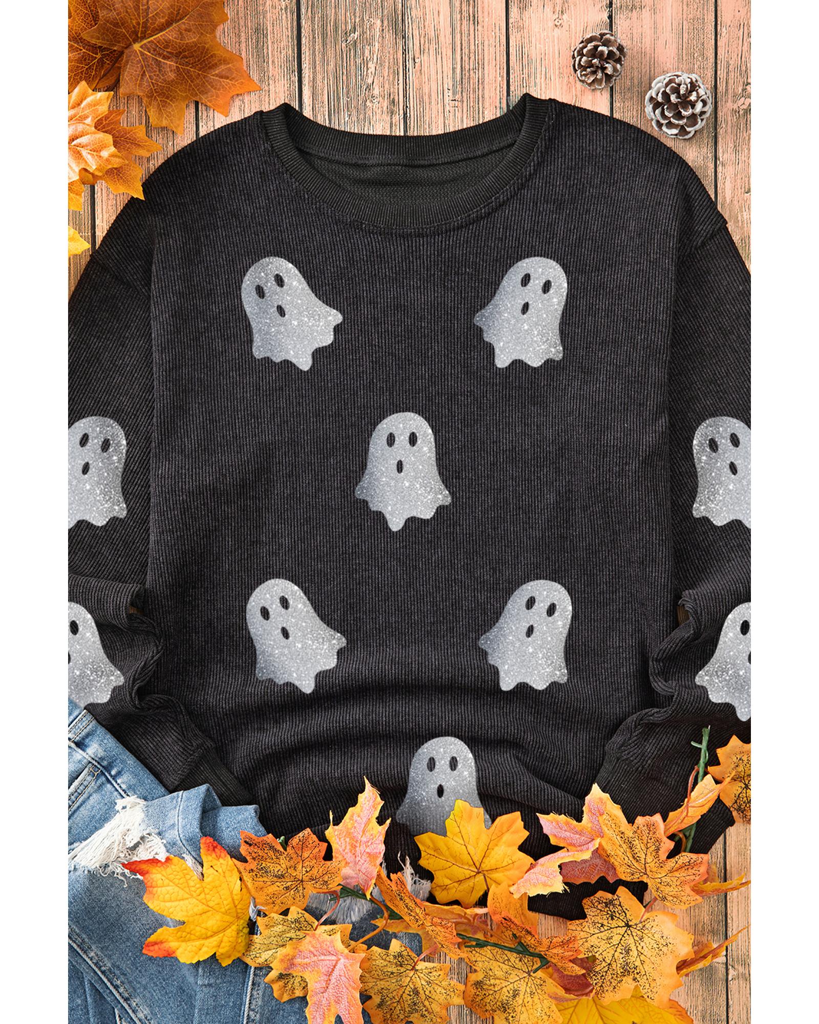 V539-AZEXDC25318422-2-XL-202508281700-00 Black Halloween Ghost Corded Crew Neck Loose Sweatshirt - XL - Image 1