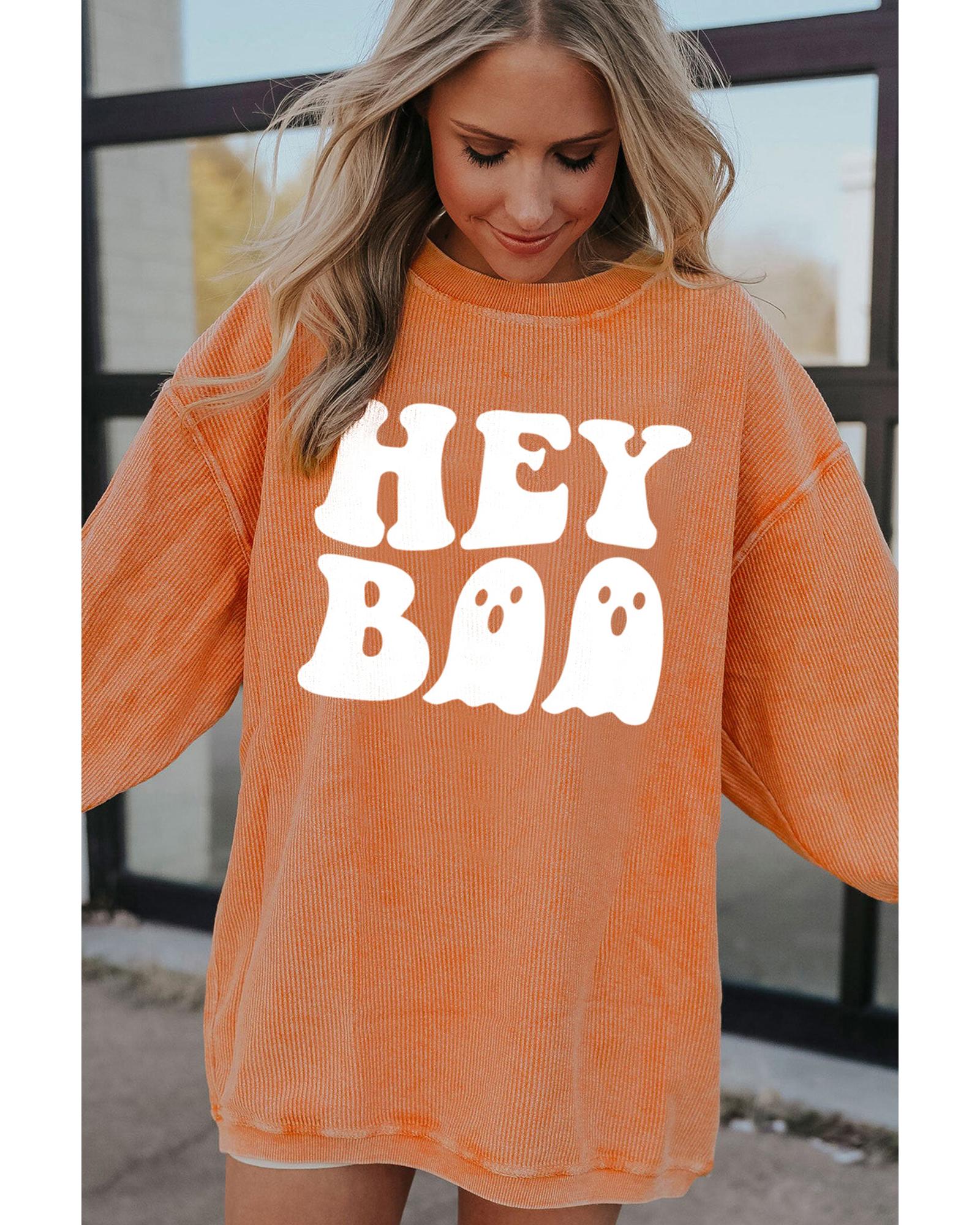 V539-AZEXDC25318453-2014-S-202506131046-00 Orange Halloween Hey Boo Ghost Print Loose Sweatshirt - S - Image 1