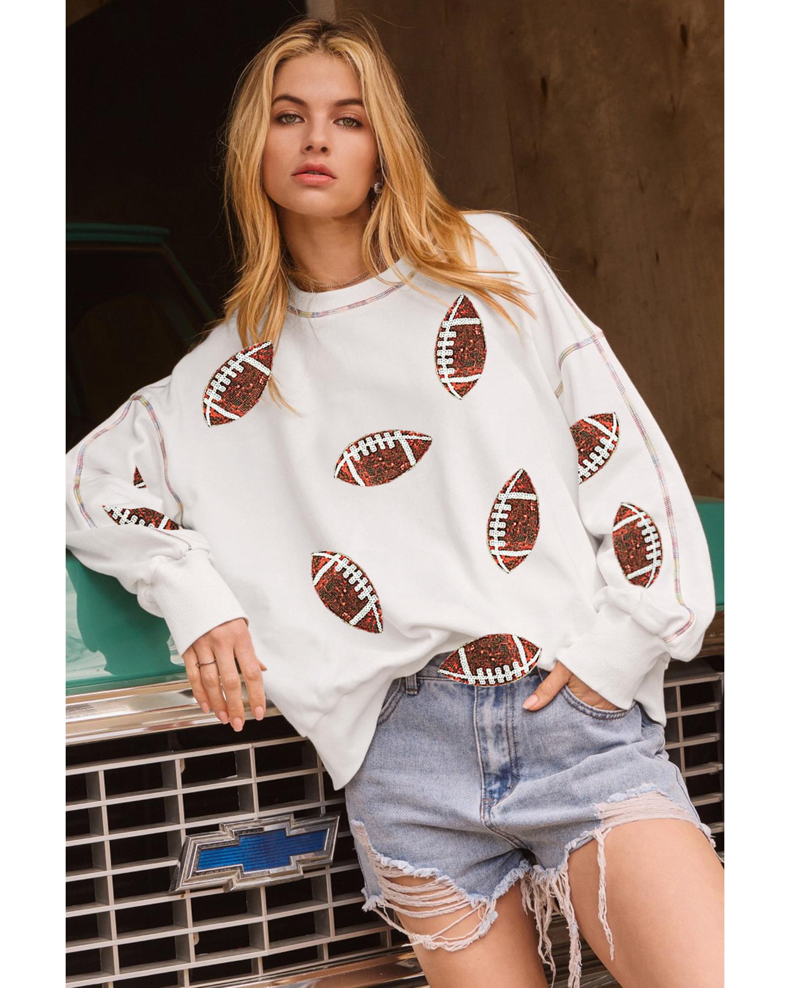 V539-AZEXDC25318460-P101-M-202508271200-00 White Sequin Rugby Football Pattern Exposed Seam Game Day Sweatshirt - M - Image 1