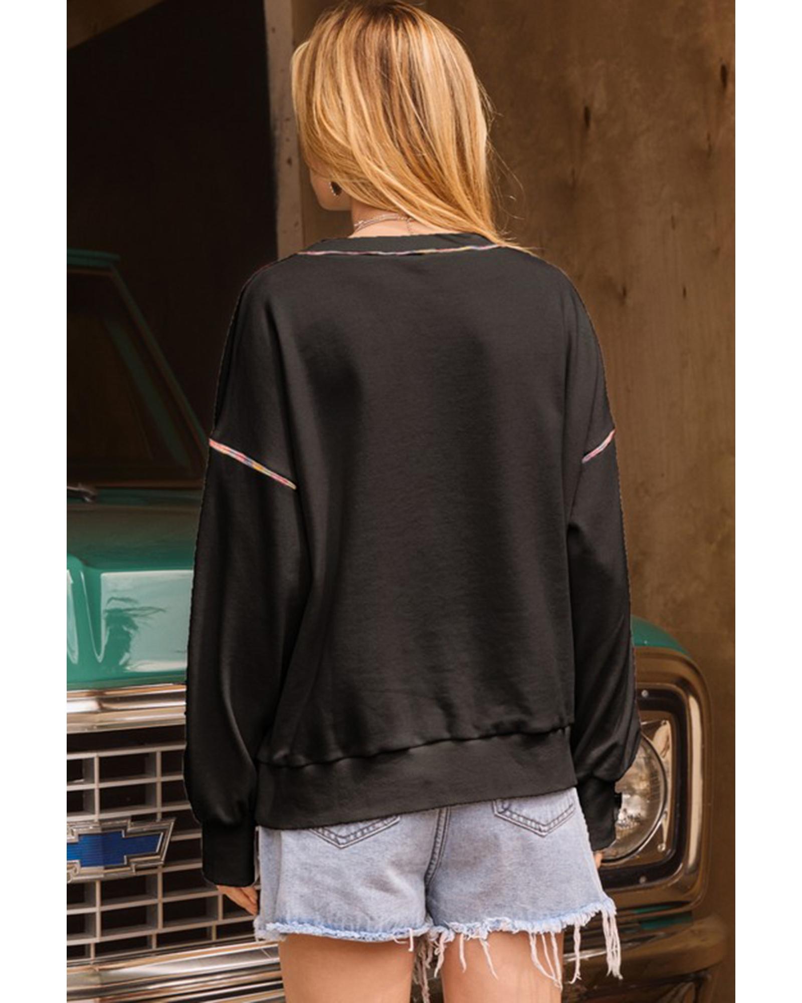 V539-AZEXDC25318463-P2-L-202508271810-00 Black Sequin Pumpkin Face Graphic Exposed Seam Halloween Sweatshirt - L - Image 1