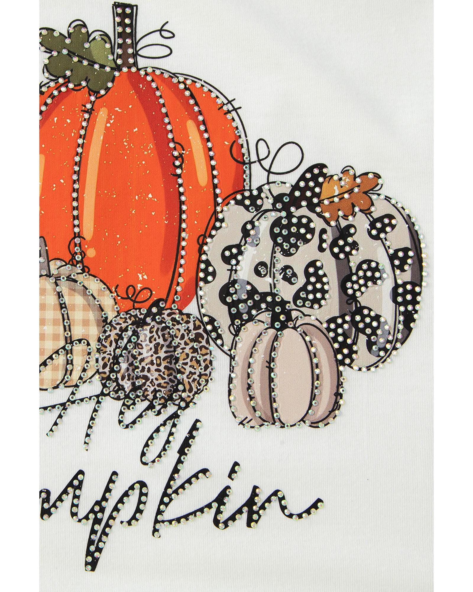 V539-AZEXDC25318464-15-L-202508270225-00 Beige Rhinestone Pumpkin Graphic Crewneck Thanksgiving Sweatshirt - L - Image 1