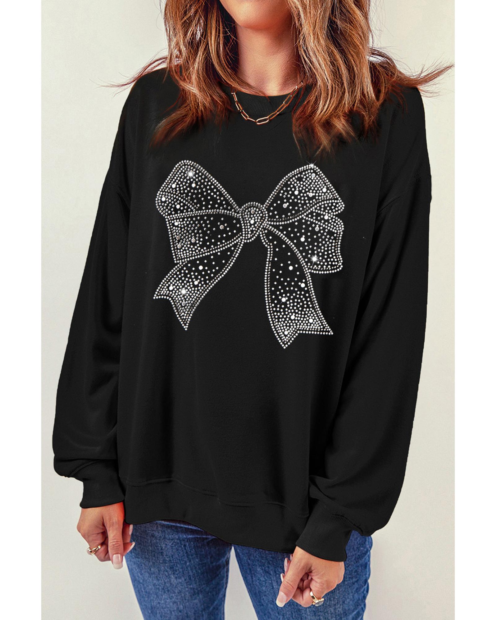 V539-AZEXDC25318466-2-L-202508270820-00 Black Rhinestone Bowknot Graphic Crewneck Pullover Sweatshirt - L - Image 1