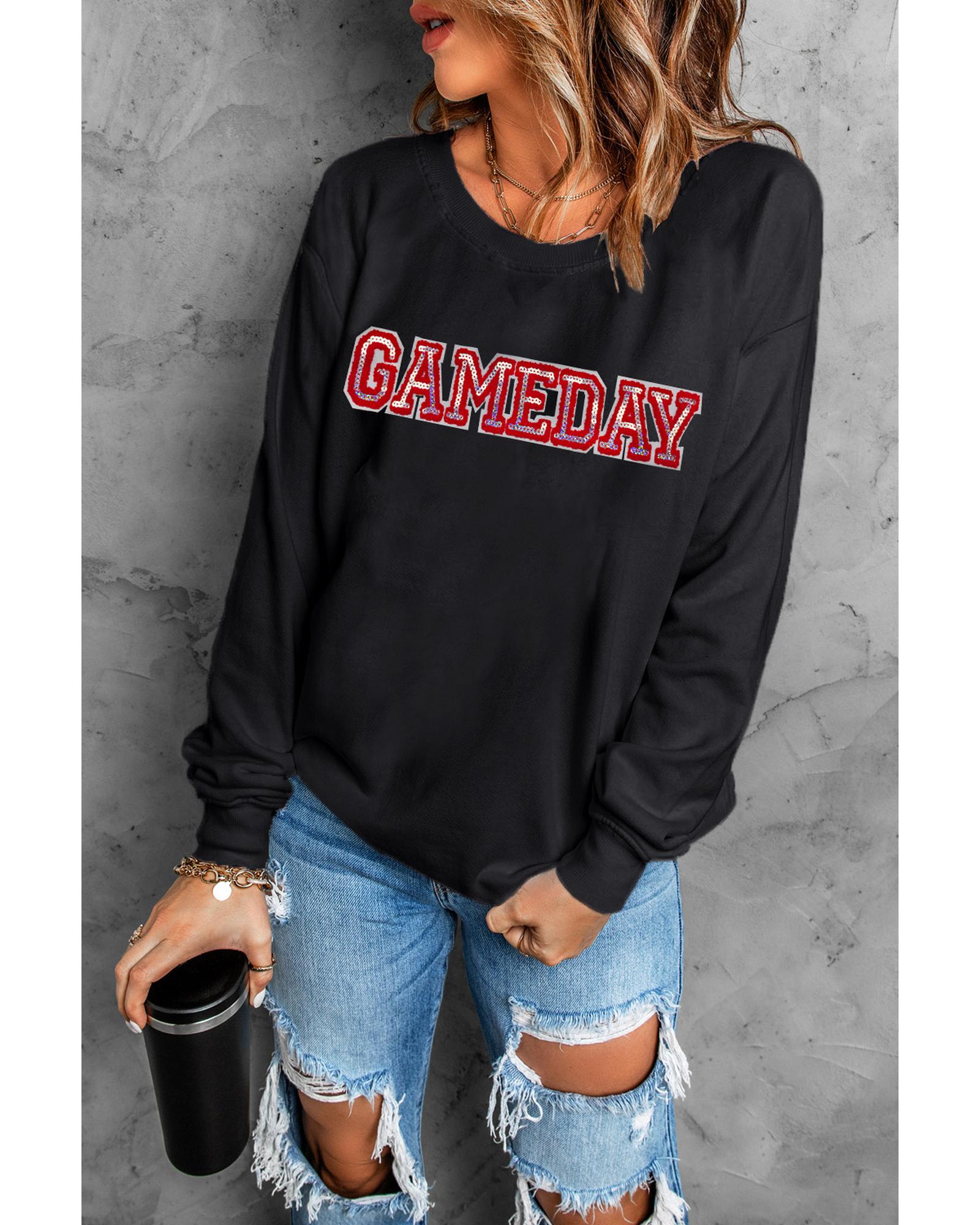 V539-AZEXDC25318646-2-XL-202508280140-00 Black Sequined GAME DAY Rugby Football Season Sweatshirt - XL - Image 1