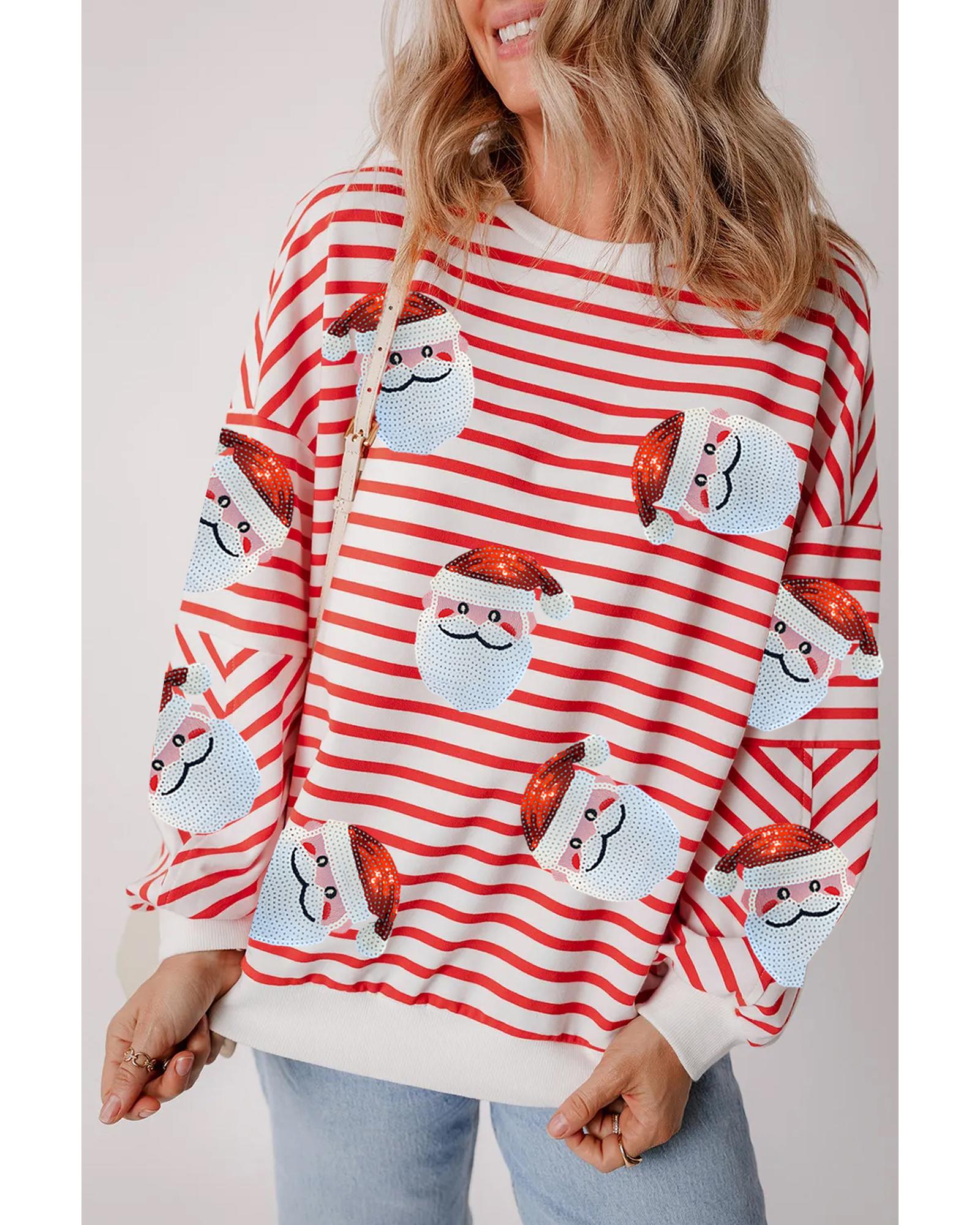 V539-AZEXDC25318679-P1419-M-202508300025-00 Orange Stripe Striped Sequin Santa Claus Pattern Christmas Pullover Sweatshirt - M - Image 1