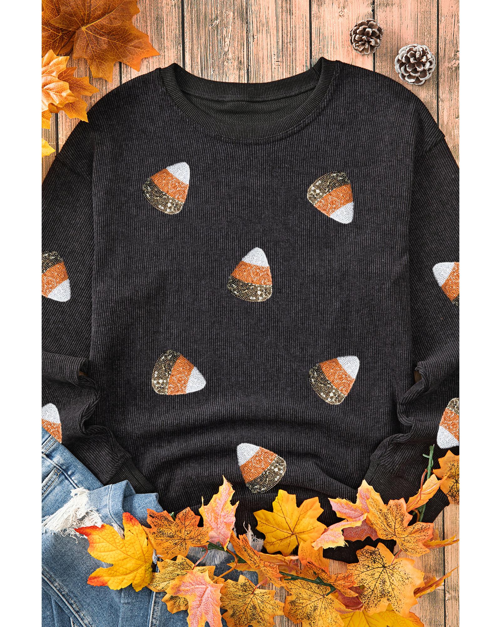 V539-AZEXDC25318683-2-S-202506130747-00 Black Sequin Candy Corn Patched Corded Halloween Sweatshirt - S - Image 1