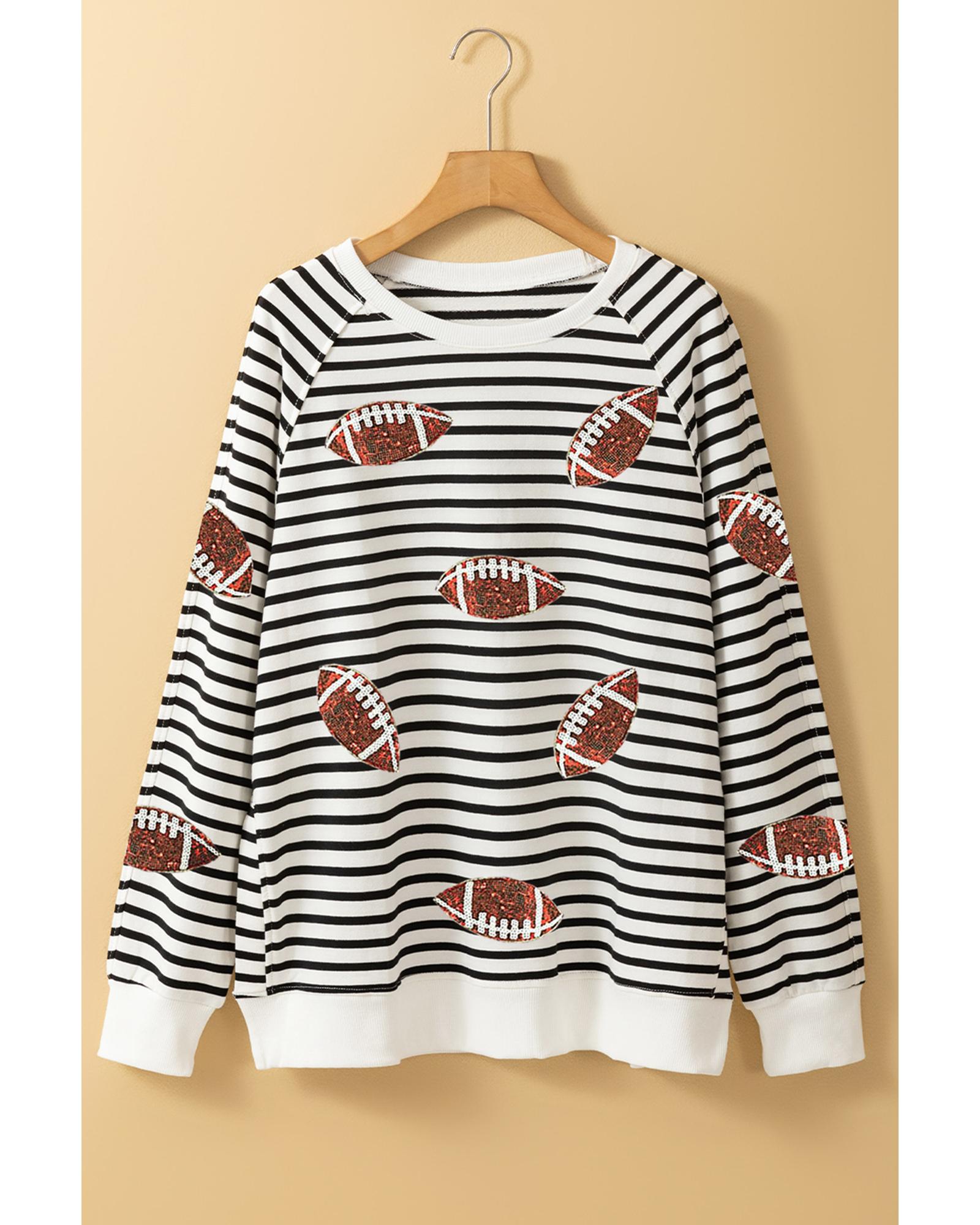 V539-AZEXDC25318690-P219-XL-202508292240-00 Black Stripe Sequin Rugby Football Side Slits Oversized Sweatshirt - XL - Image 1