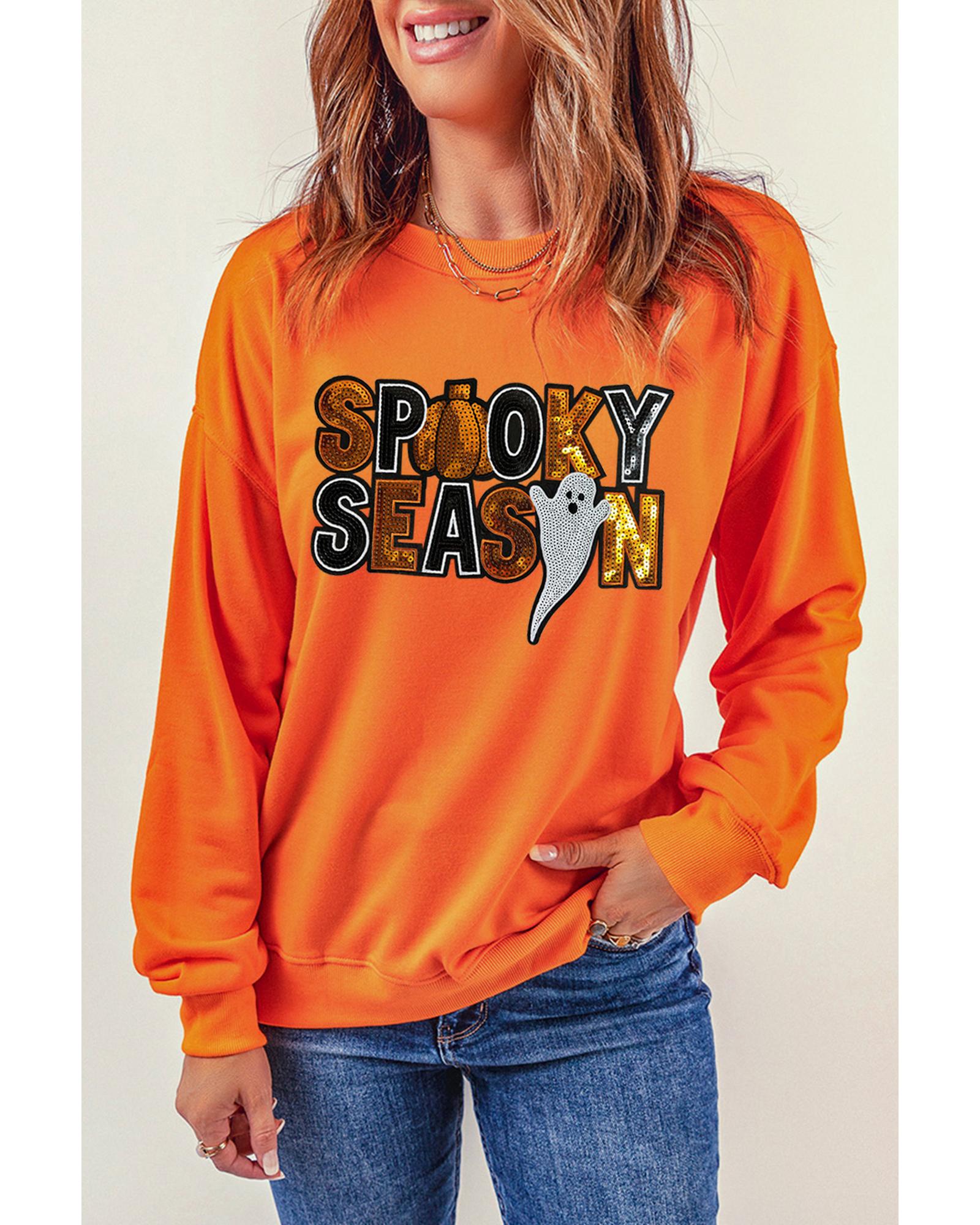 V539-AZEXDC25318695-P7014-M-202508292010-00 Russet Orange Sequin SPOOKY SEASON Ghost Pattern Halloween Pullover Sweatshirt - M - Image 1