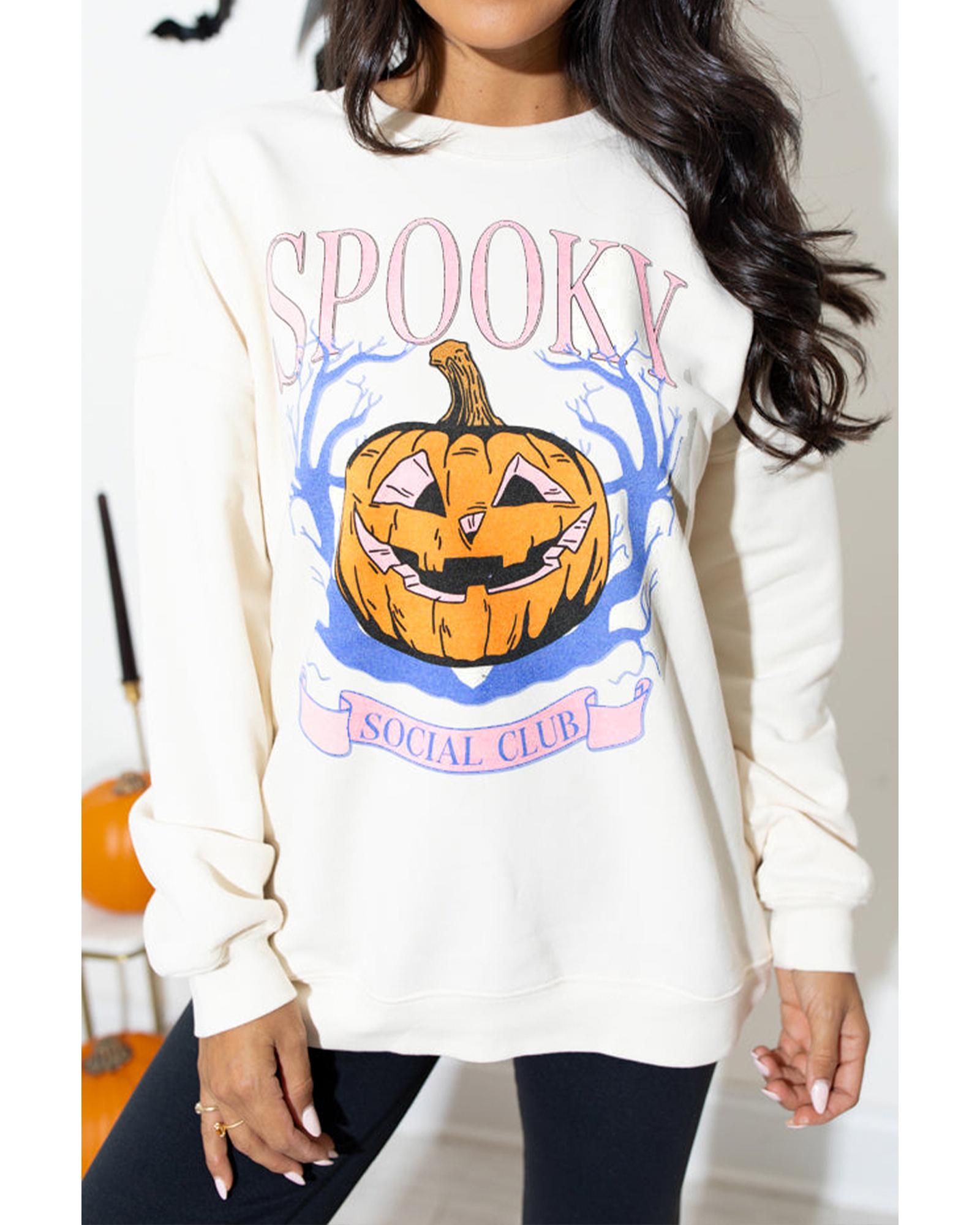 V539-AZEXDC25318696-15-2XL-202508300505-00 Beige SPOOKY SOCIAL CLUB Halloween Pumpkin Face Graphic Sweatshirt - 2XL - Image 1