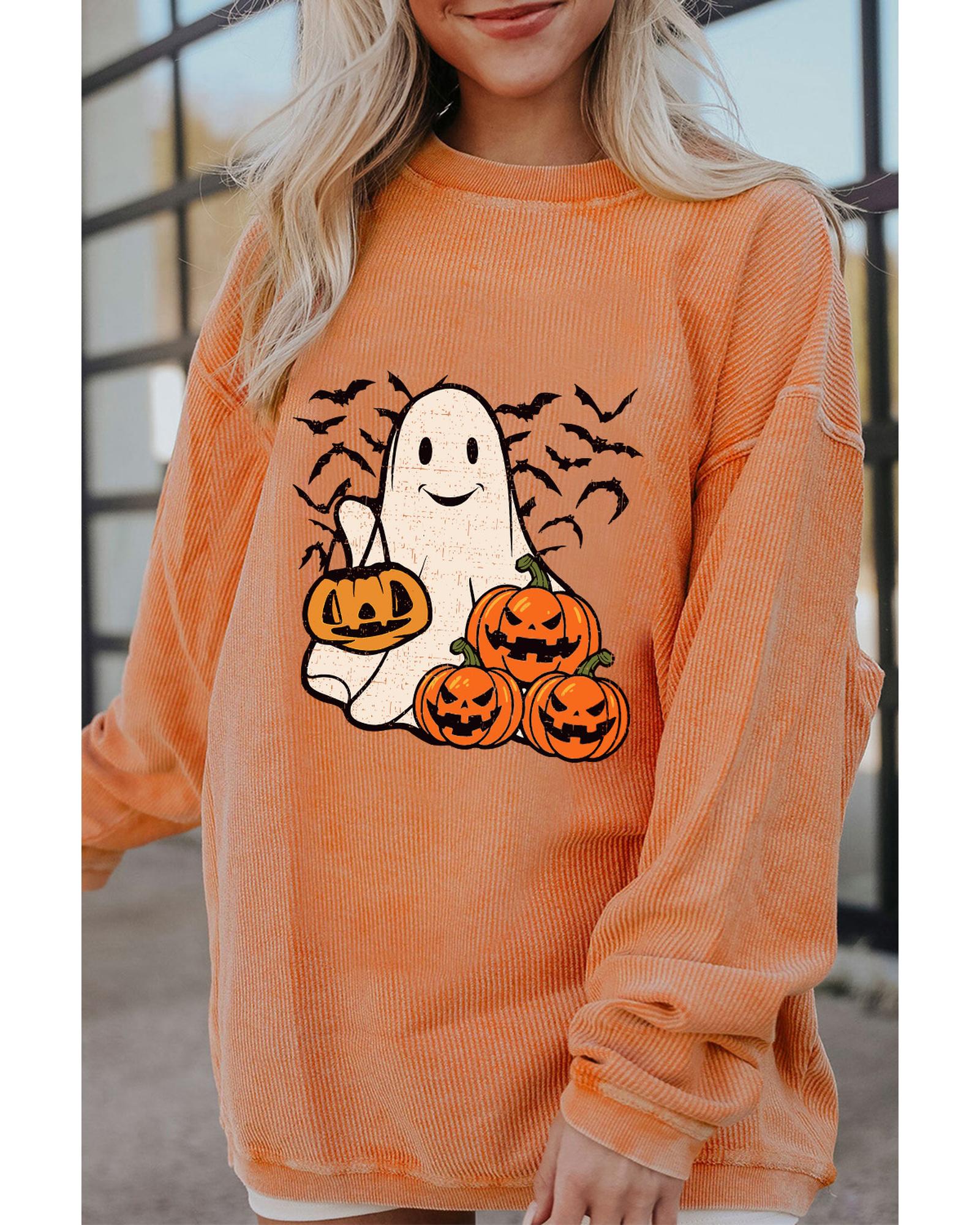 V539-AZEXDC25318705-2014-XL-202508280505-00 Orange Halloween Ghost Pumpkin Bat Print Corded Pullover Sweatshirt - XL - Image 1
