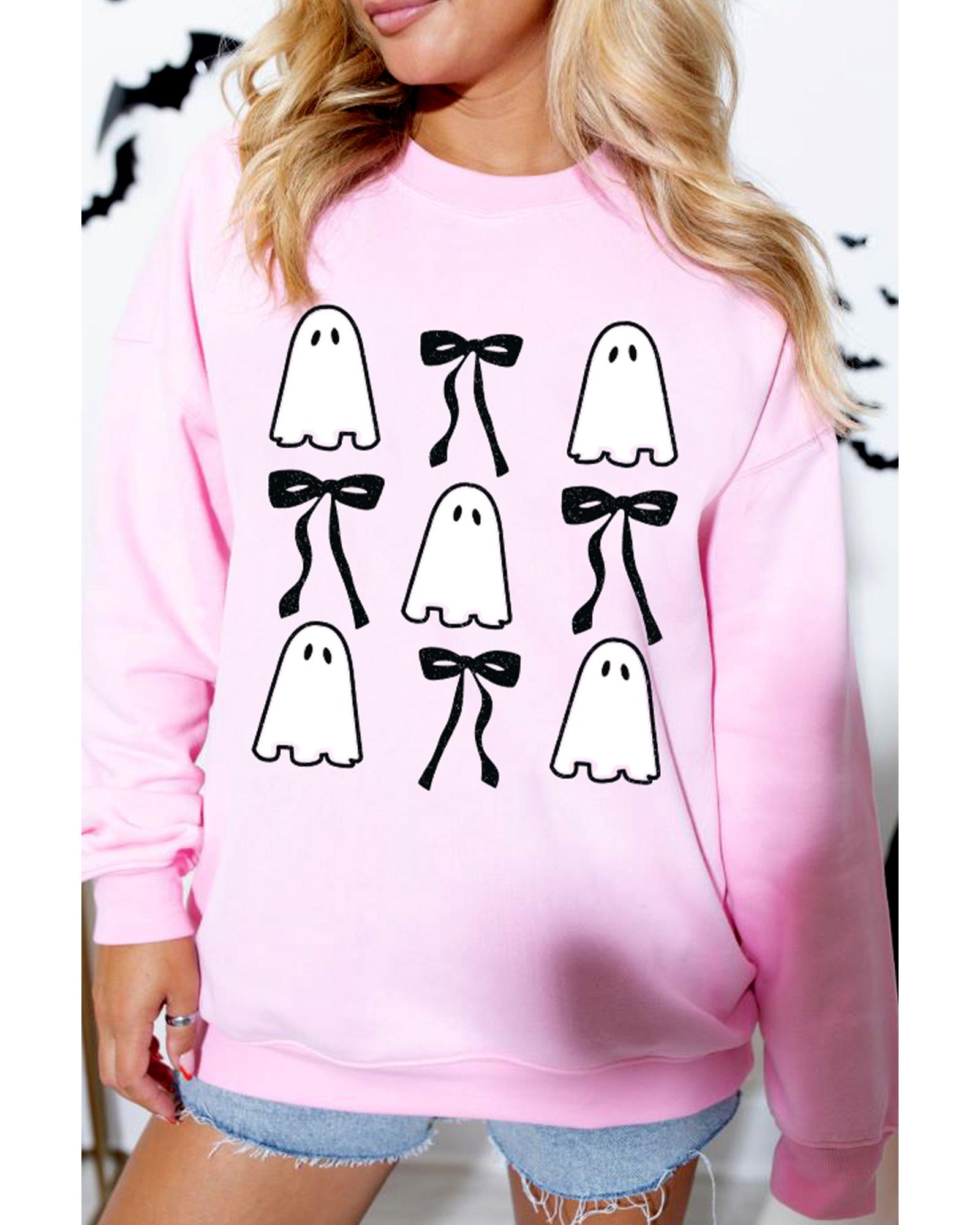 V539-AZEXDC25318708-10-M-202508281350-00 Pink Ghost Bowknot Printed Drop Shoulder Halloween Sweatshirt - M - Image 1