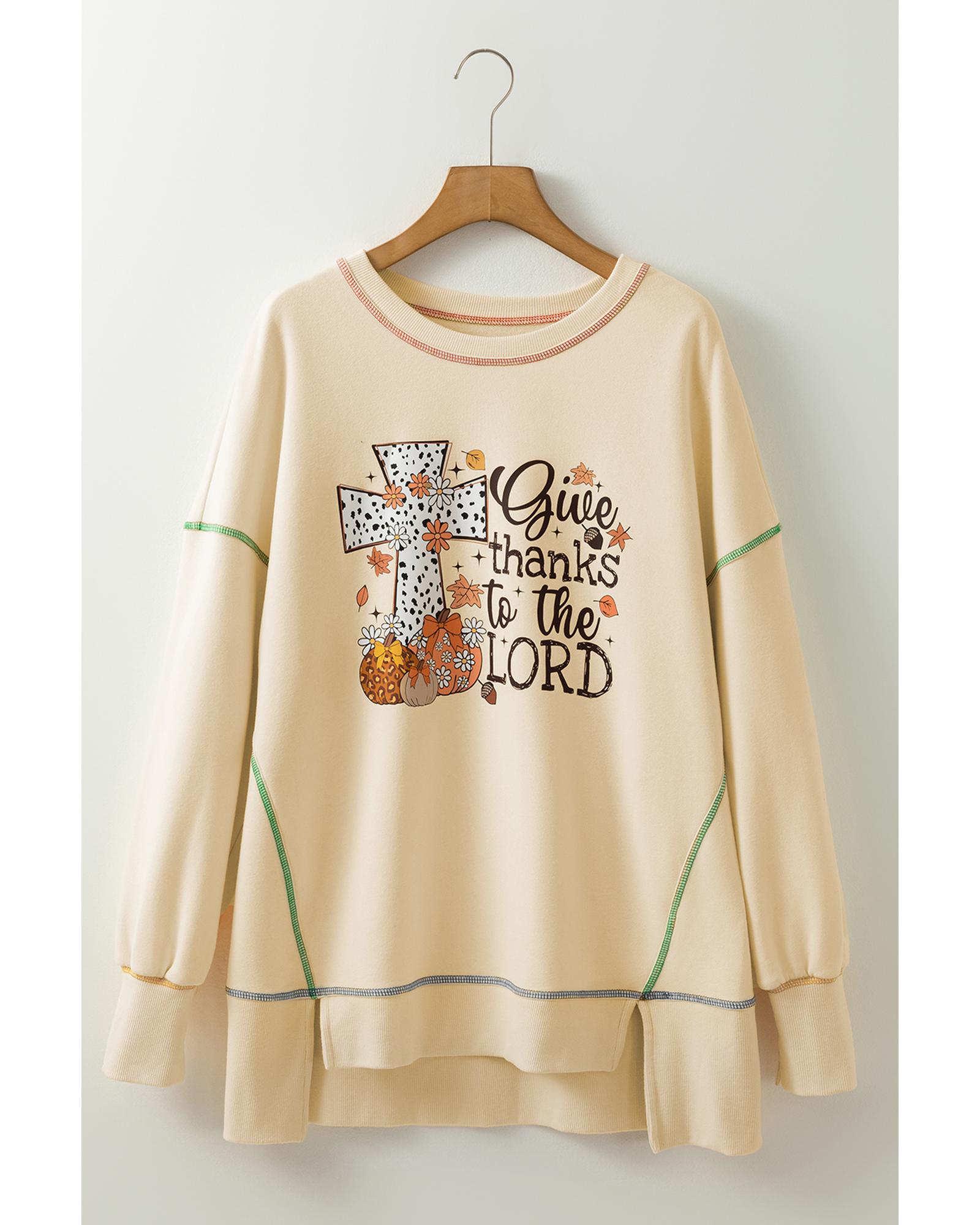 V539-AZEXDC25318726-P101-L-202508282255-00 White Give Thanks to the LORD Graphic High Low Hem Loose Sweatshirt - L - Image 1