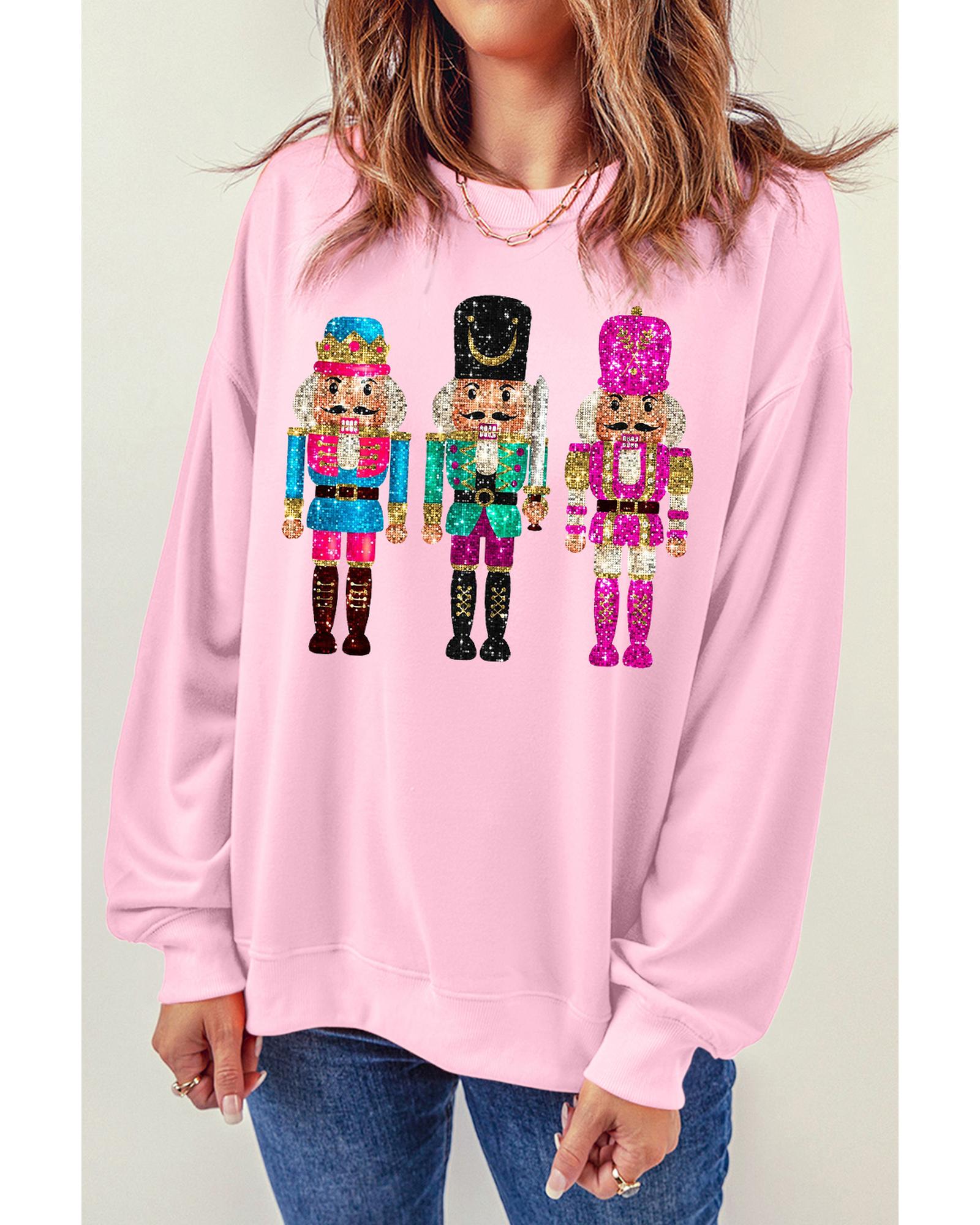 V539-AZEXDC25318805-10-L-202508280945-00 Pink Cute Nutcracker Printed Drop Shoulder Christmas Sweatshirt - L - Image 1