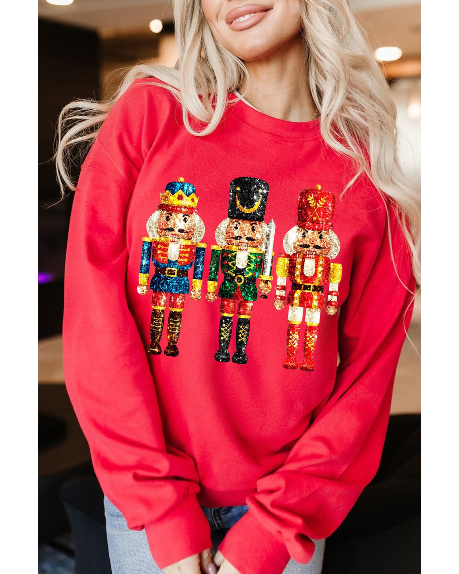 V539-AZEXDC25318807-3-S-202506131012-00 Red Christmas Metallic Nutcracker Graphic Crew Neck Sweatshirt - S - Image 1