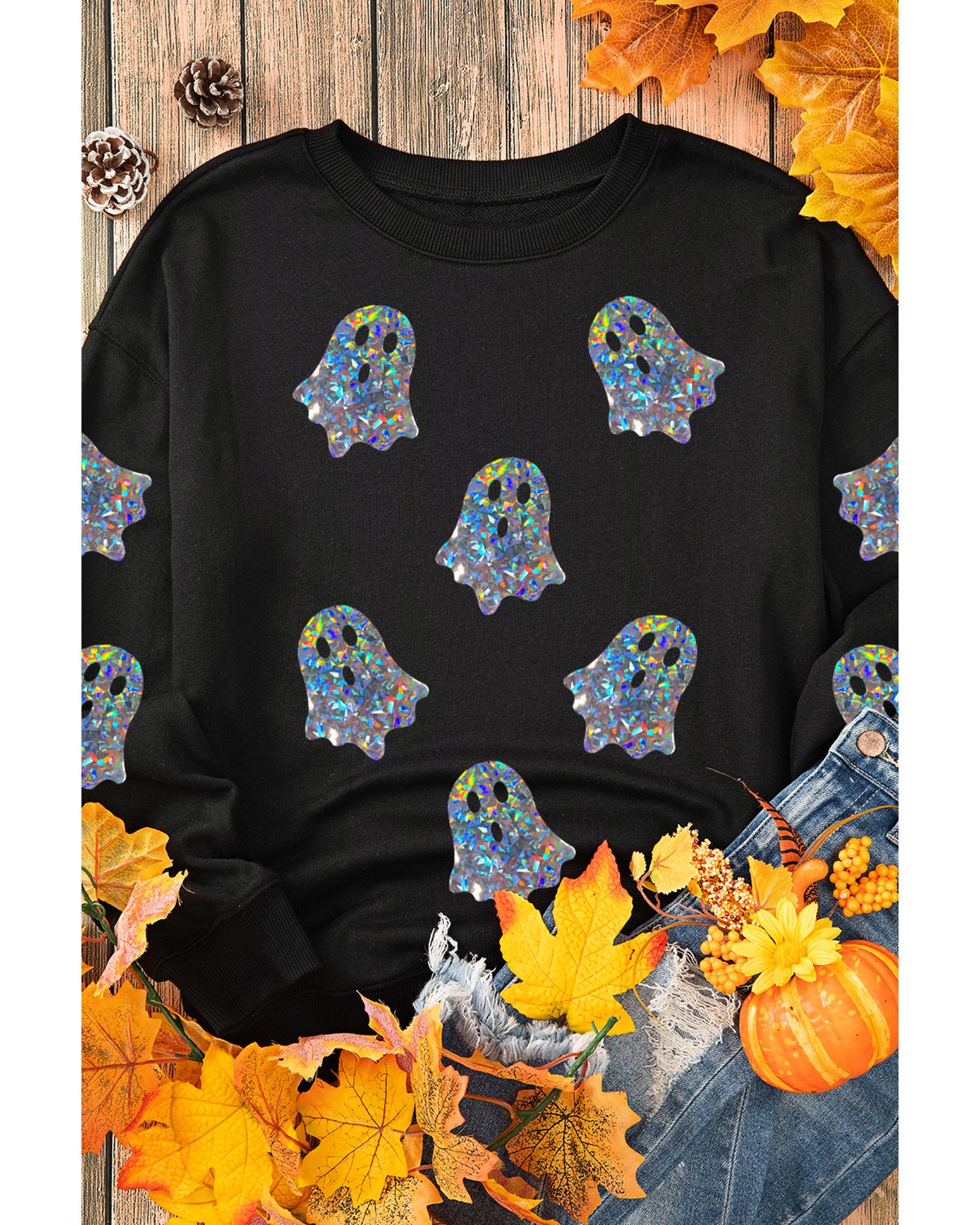 V539-AZEXDC25318813-2-M-202508270555-00 Black Glitter Ghosts Pattern Long Sleeve Halloween Sweatshirt - M - Image 1