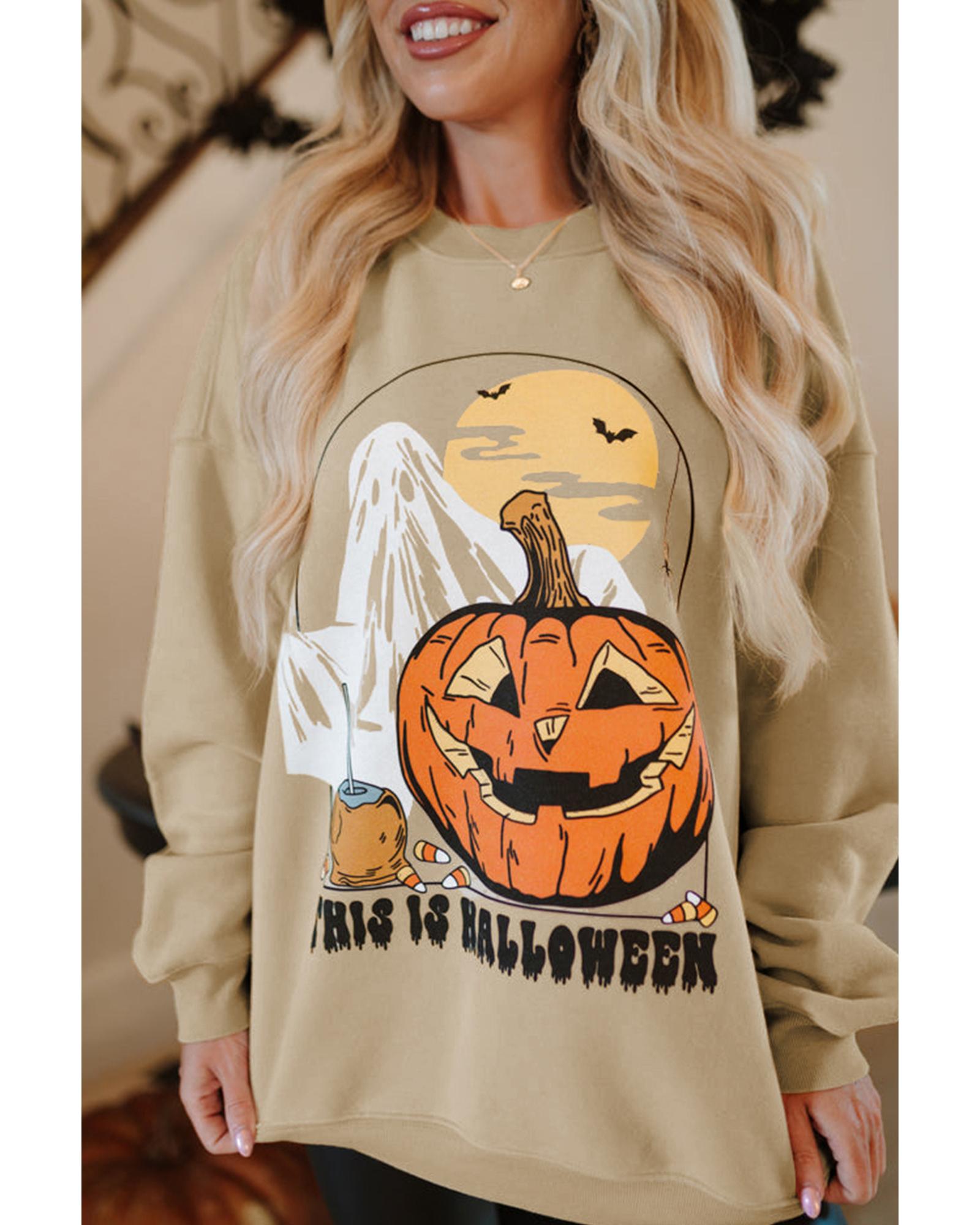 V539-AZEXDC25318827-P6016-L-202508270725-00 Parchment Spooky Pumpkin Graphic Crewneck Halloween Sweatshirt - L - Image 1