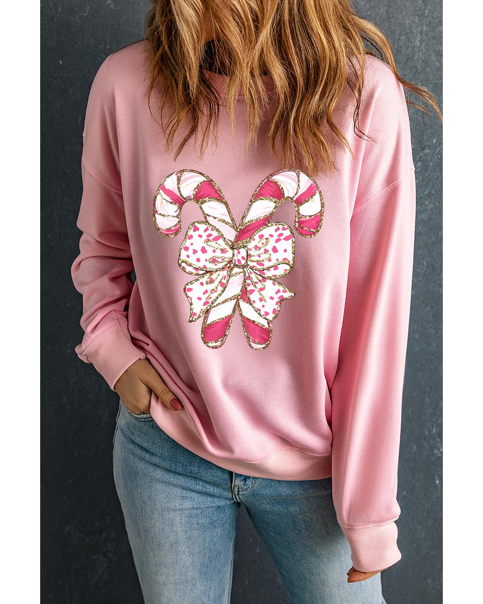 V539-AZEXDC25318878-10-M-202508291305-00 Pink Christmas Bow Candy Cane Graphic Drop Shoulder Crew Neck Sweatshirt - M - Image 1