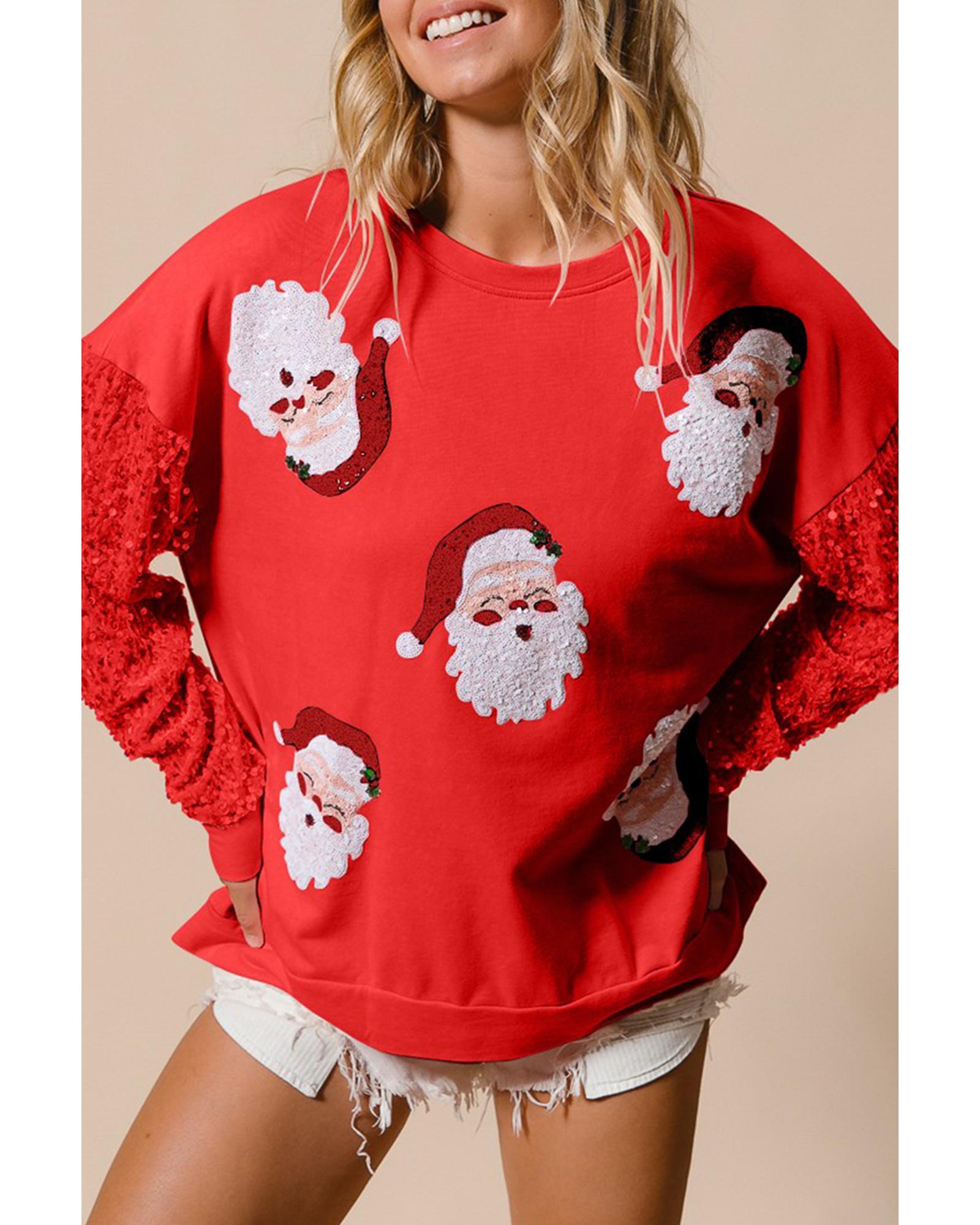 V539-AZEXDC25318884-P3-S-202506191742-00 Fiery Red Sequined Santa Claus Long Sleeve Christmas Sweatshirt - S - Image 1