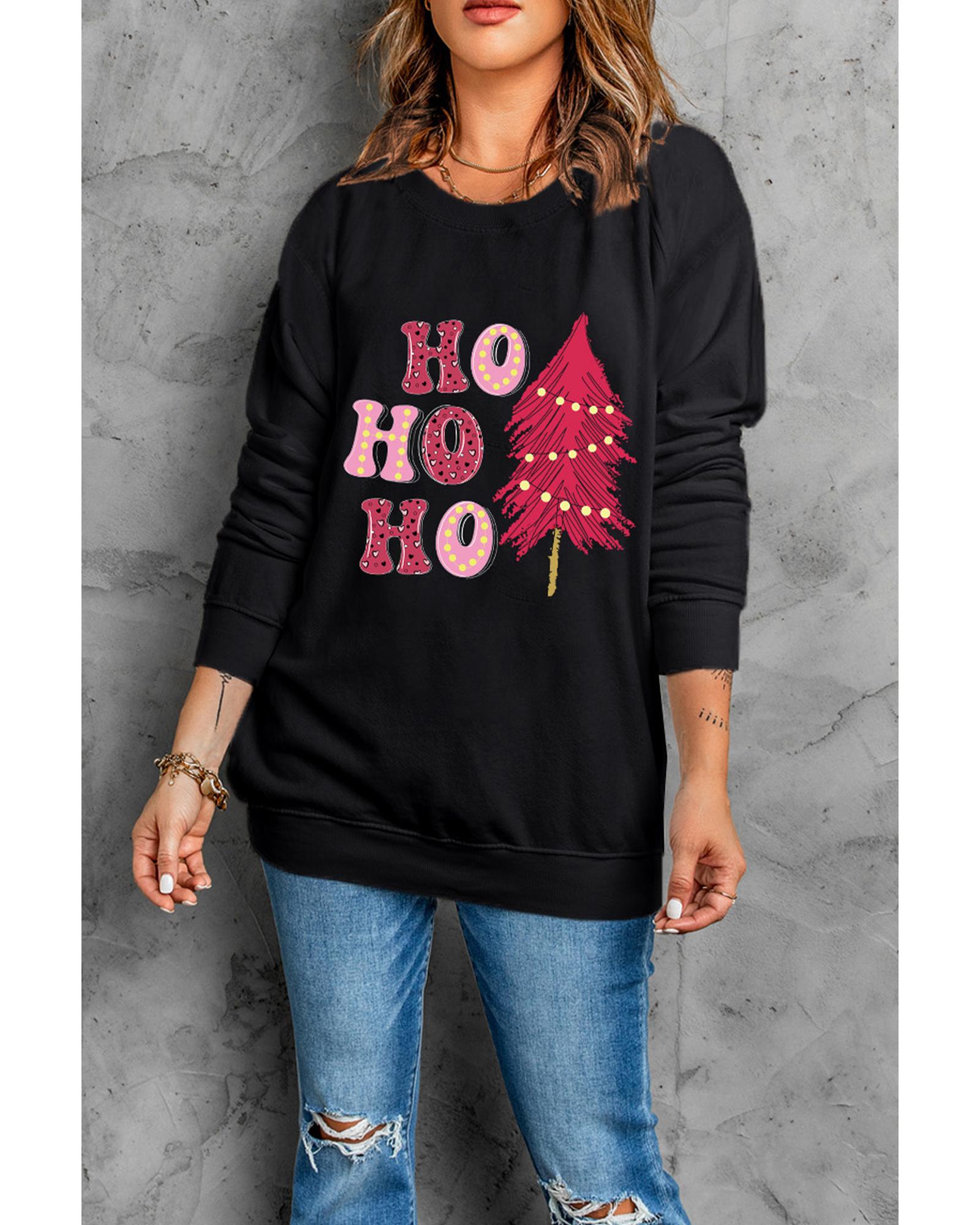 V539-AZEXDC25318891-2-M-202508292000-00 Black HO HO HO Christmas Tree Graphic Pullover Sweatshirt - M - Image 1