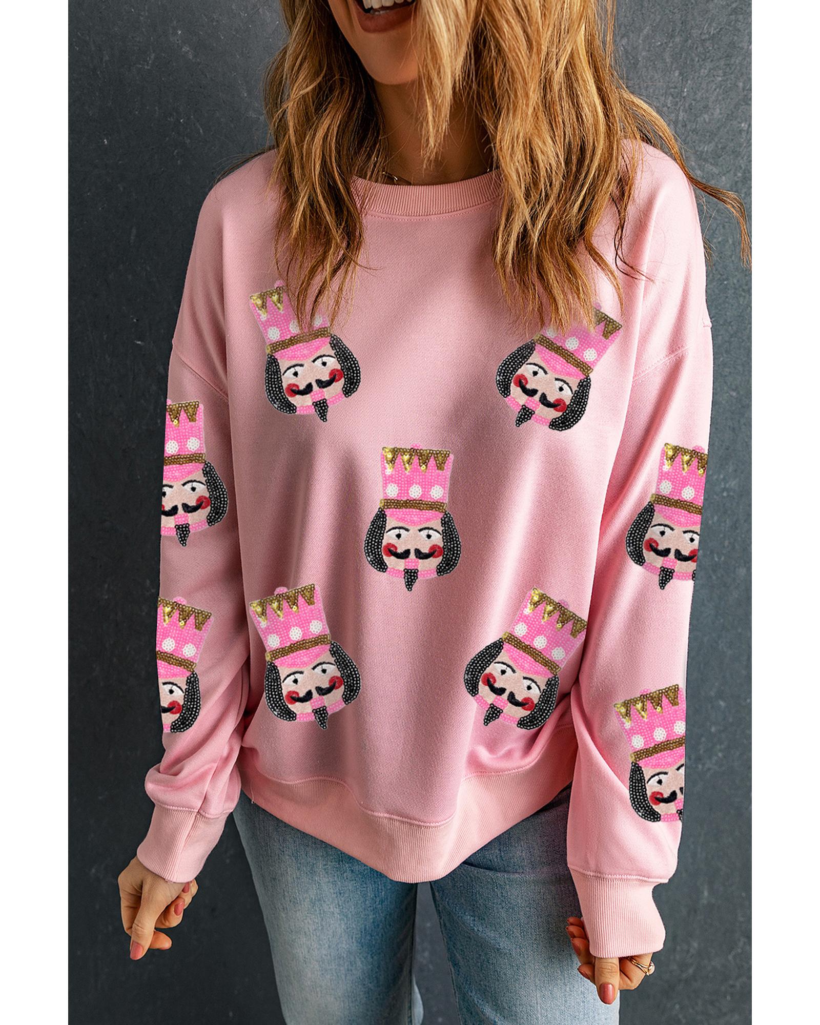 V539-AZEXDC25318899-10-L-202508280515-00 Pink Sequin Nutcracker Graphic Drop Shoulder Christmas Sweatshirt - L - Image 1
