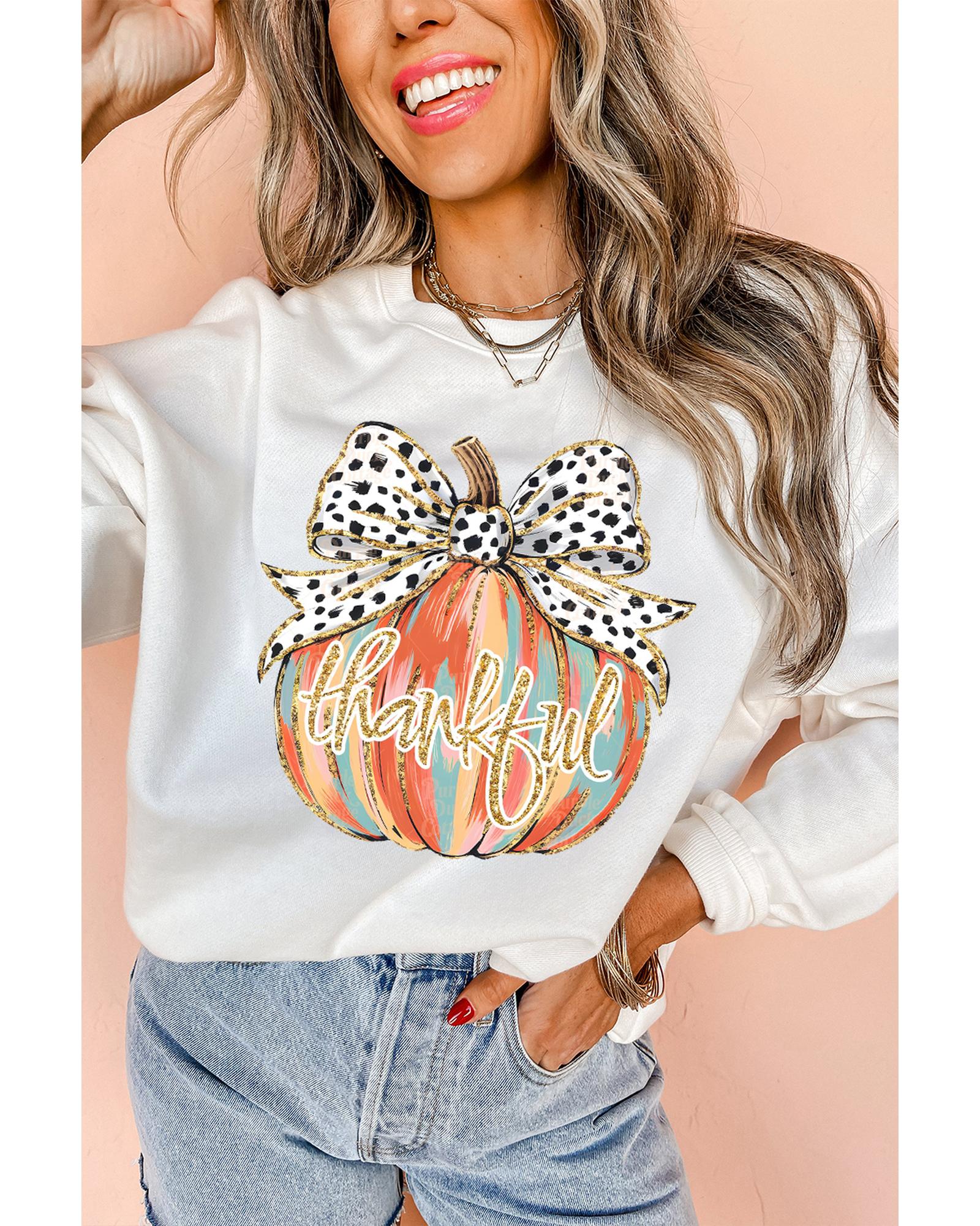 V539-AZEXDC25318968-15-M-202508282050-00 Beige Polka Dot Bow Knot Pumpkin Print Thanksgiving Sweatshirt - M - Image 1
