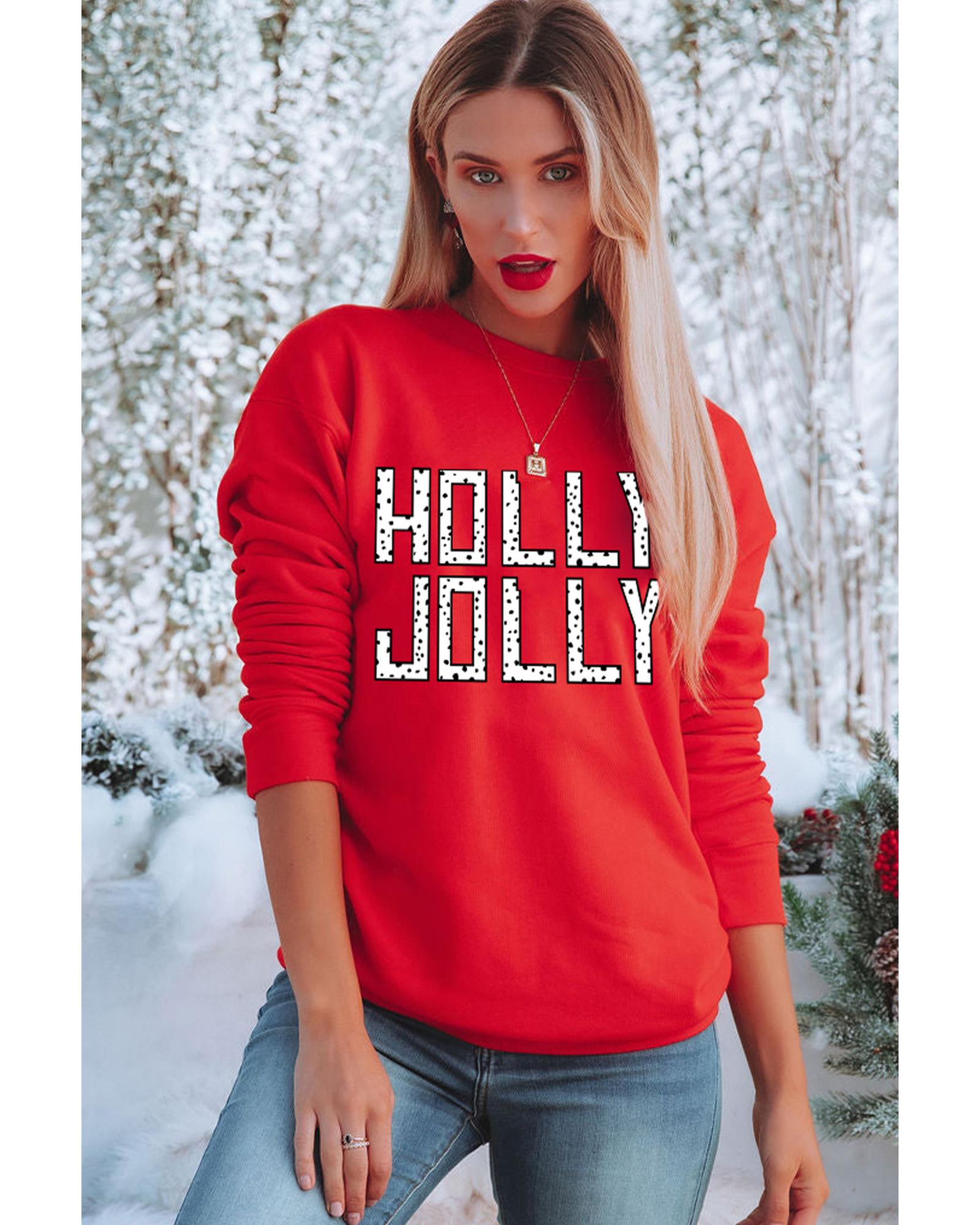 V539-AZEXDC25318991-3-M-202508300200-00 Red HOLLY JOLLY Dotty Letter Graphic Christmas Sweatshirt - M - Image 1